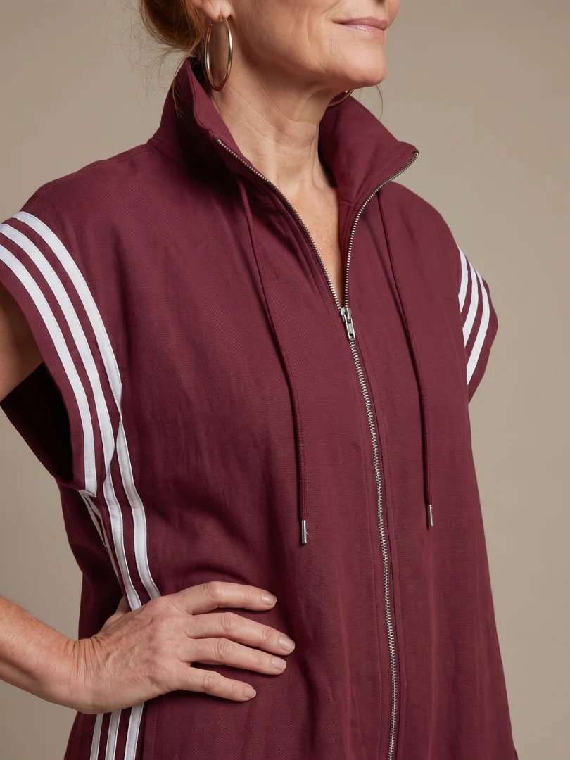 Women��s Zip Front Jumpsuit with Stripe Panel Detail