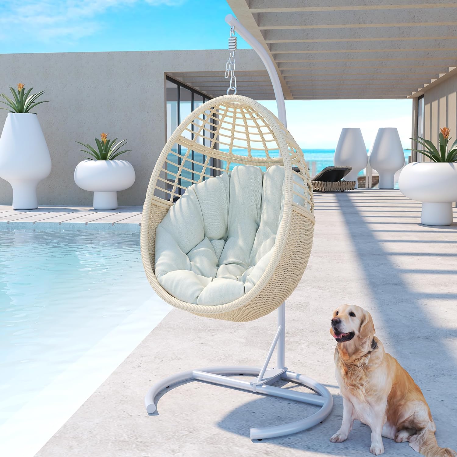 Korb Hängesessel mit Gestell: Wetterfestes Handgeflochtene PE-Rattan Schwebesessel mit Standfuß, Outdoor Indoor Schaukelstühle mit Polsterung für 150KG Terrasse Balkon Garten Schlafzimmer, Beige