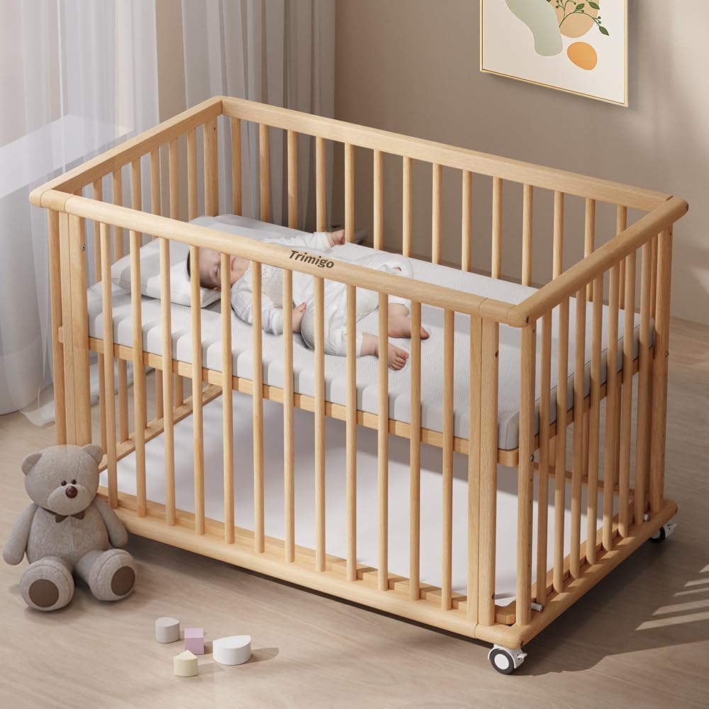 Trimigo 6-in-1 Babybett 118x70 cm mit Matratze und unbehandelt Buchenholz, wandelbar zu Sofa, Schreibtisch, höhenverstellbares, mit Rollen und Bremsen, mit Stauraum