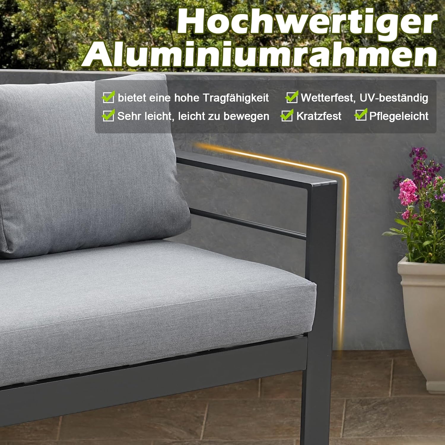 Atenza Aluminium Gartenlounge Set 6-8 Personen, Ecklounge Gartenmöbel-Set mit Ecksofa, Tisch und Sitzbank, Outdoor Lounge mit Sitz- und Rückenkissen für Garten, Terrasse, Balkon (Grau)