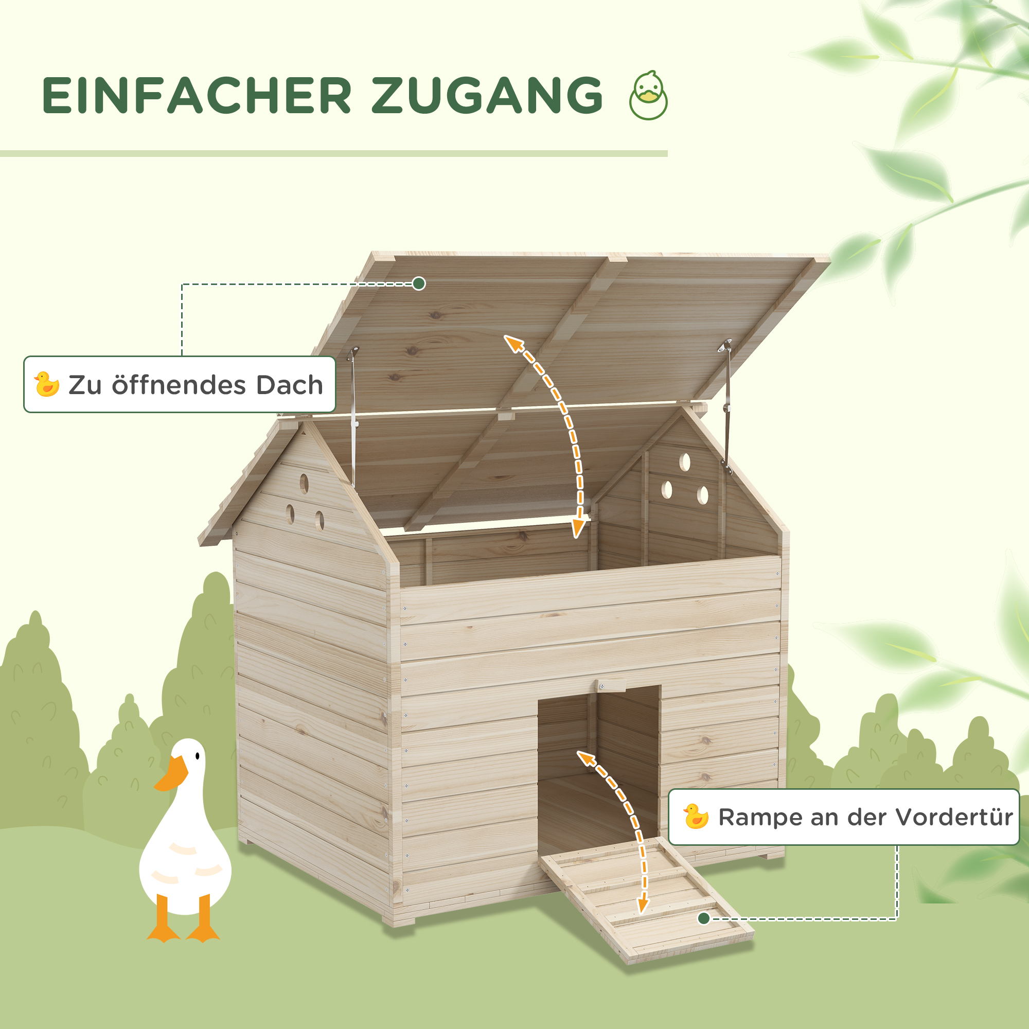 PawHut Eendenhuis met Opklapbaar Schuindak, Pluimveehuis met Verhoogde Bodem en Helling, Dennenhout, 100 x 82,5 x 91 cm