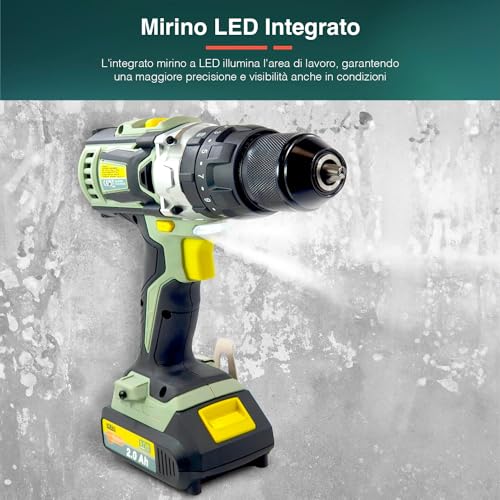 Set Trapano a Percussione con 13 Accessori inclusi e 2 Velocità   Batteria 2Ah, Mirino LED, 20V, Ideale per Fai Da Te e Lavori Professionali : Amazon.it: Fai da te