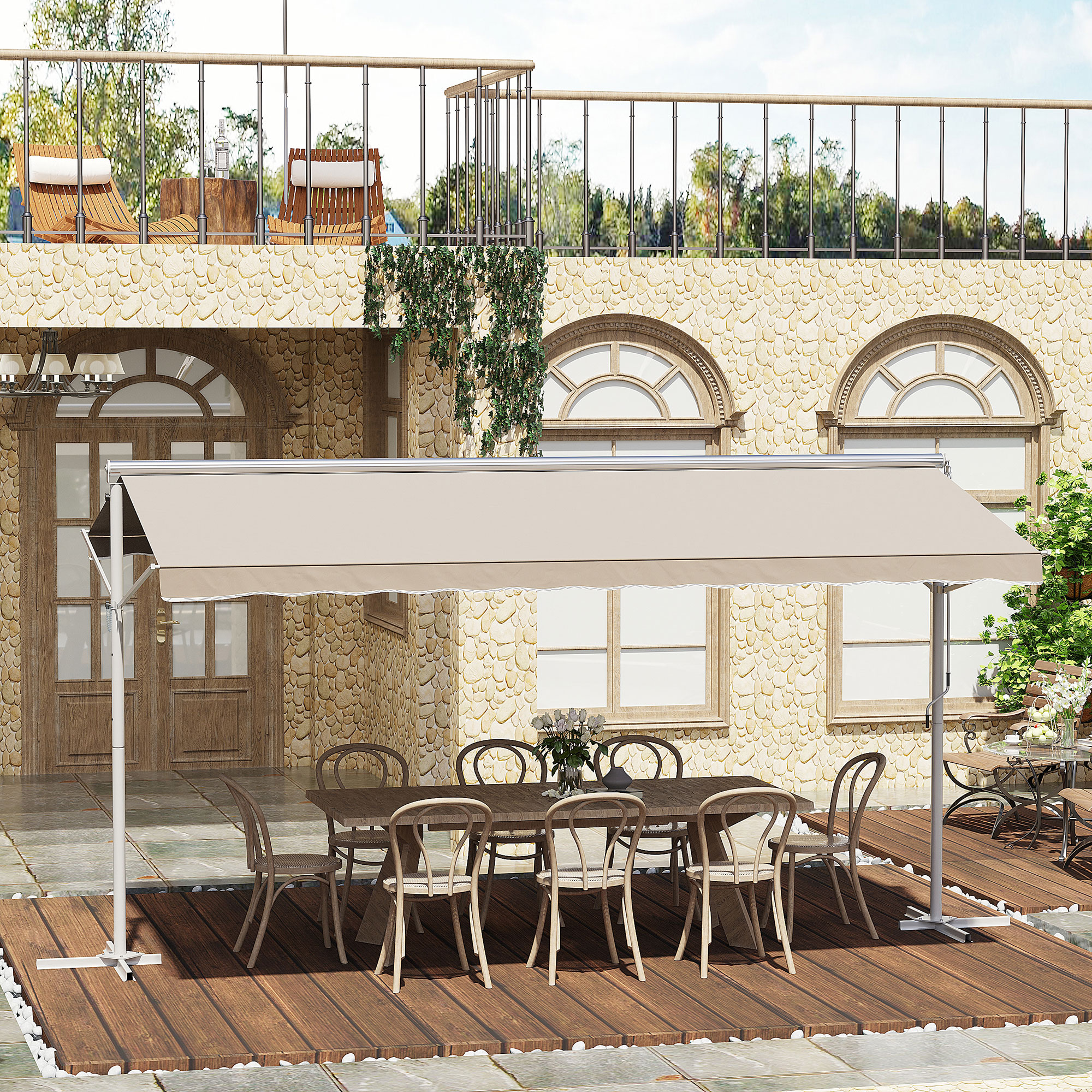 Outsunny Staande luifel met knikarm tuinluifel luifel zwengel crème 4,5 x 3,42 m