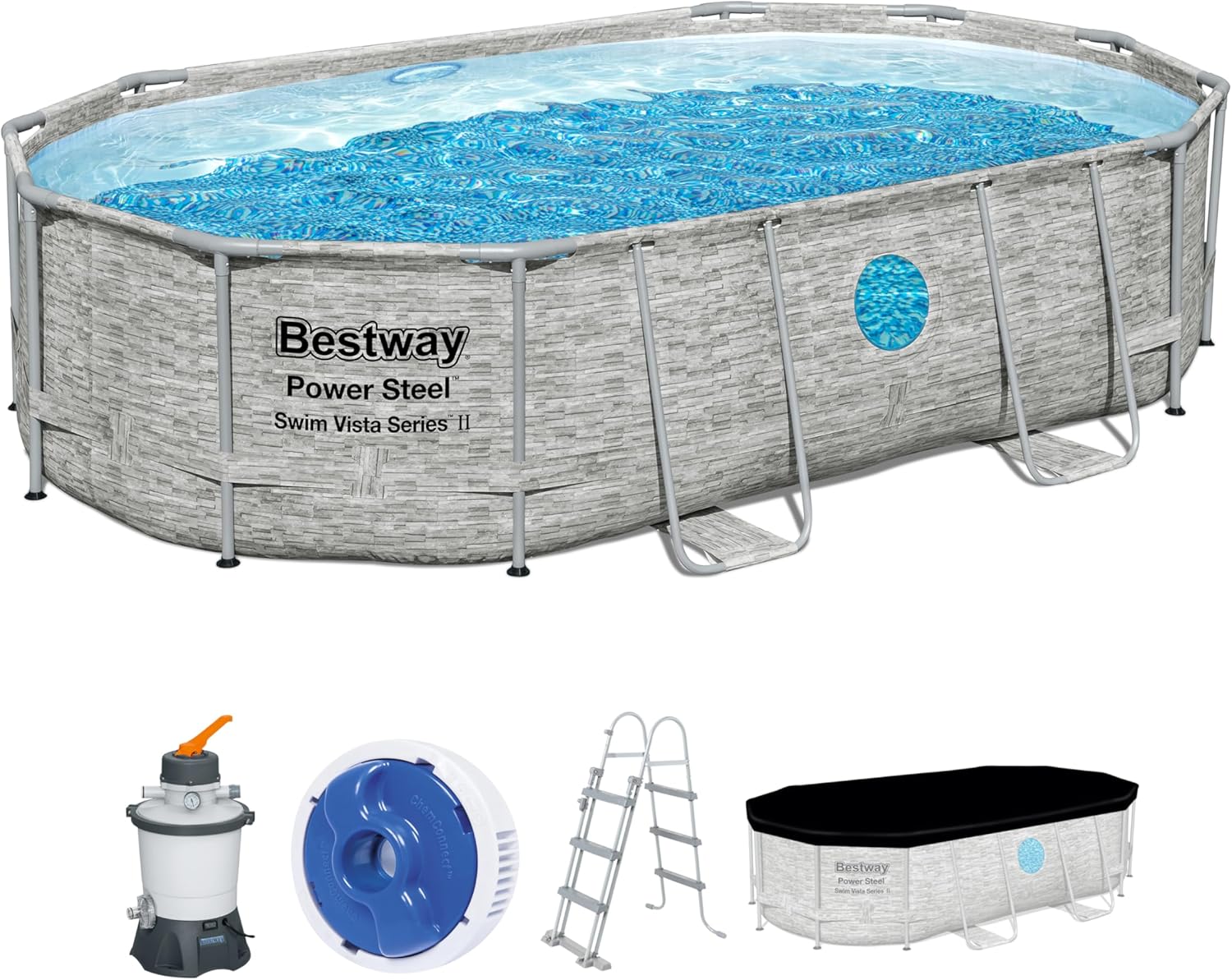 Bestway Power Steel Swim Vista Series Pool Kit Complet Ovale avec Filtre à Sable, échelle de sécurité et bâche 488 x 305 x 107 cm