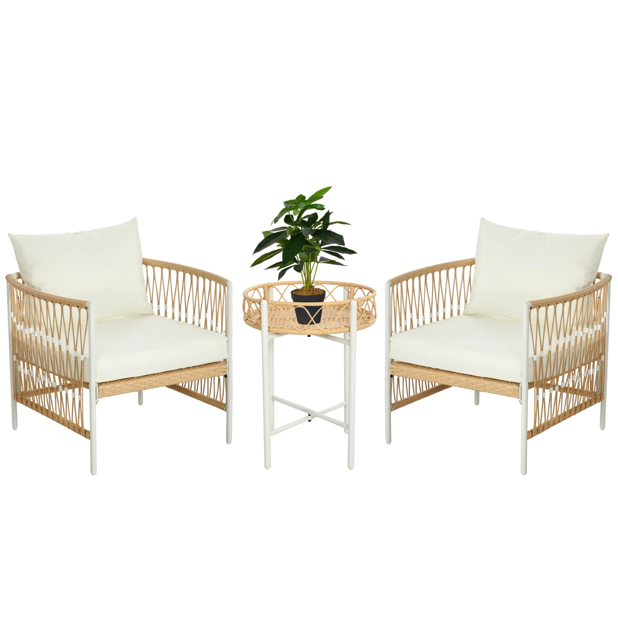 Outsunny 3-delige Bistroset Tuinmeubelset Loungeset, PE-rattan, 72 cm x 66 cm x 64 cm, Geel+Crème