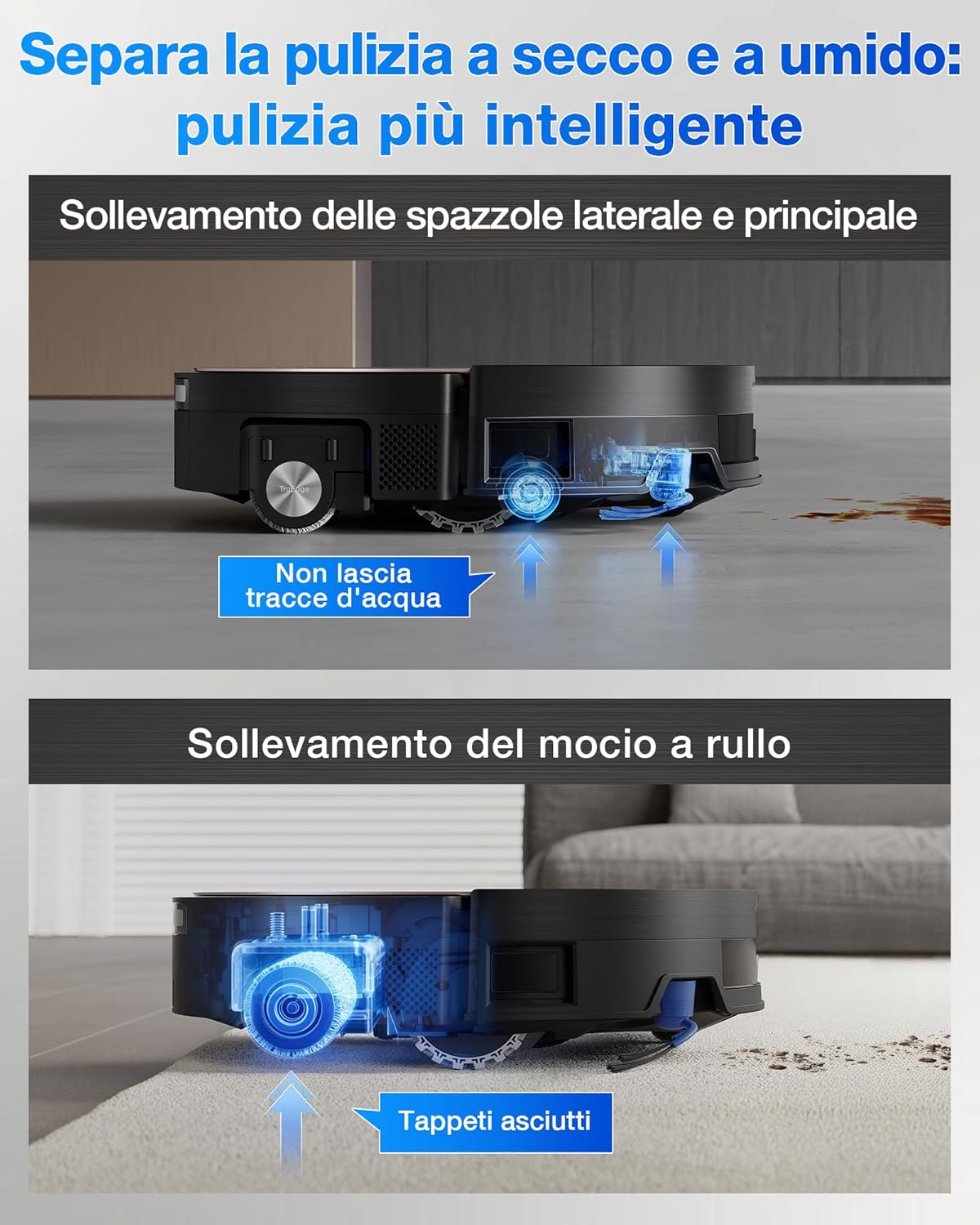 ECOVACS X11 OMNICYCLONE Robot Aspirapolvere Lavapavimenti, BLAST e 19.500 Pa, Boost di Potenza Ultrarapido, OZMO ROLLER 2.0, Altezza Massima di Salita di 4 cm, Rullo Esteso, Svuotamento Automatico