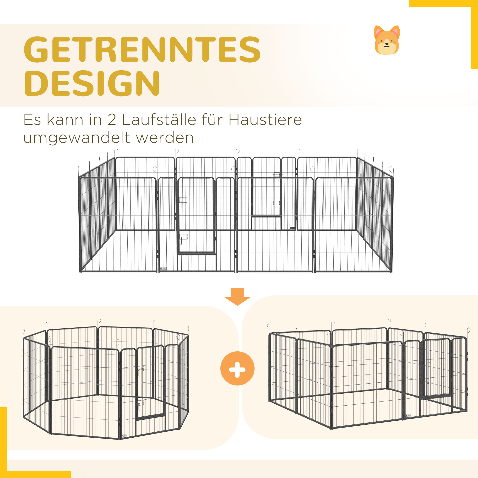 PawHut Puppy Run modulair ontwerp 16 panelen 2 deuren weerbestendig staal 3,2 x 3,2 x 1 m grijs