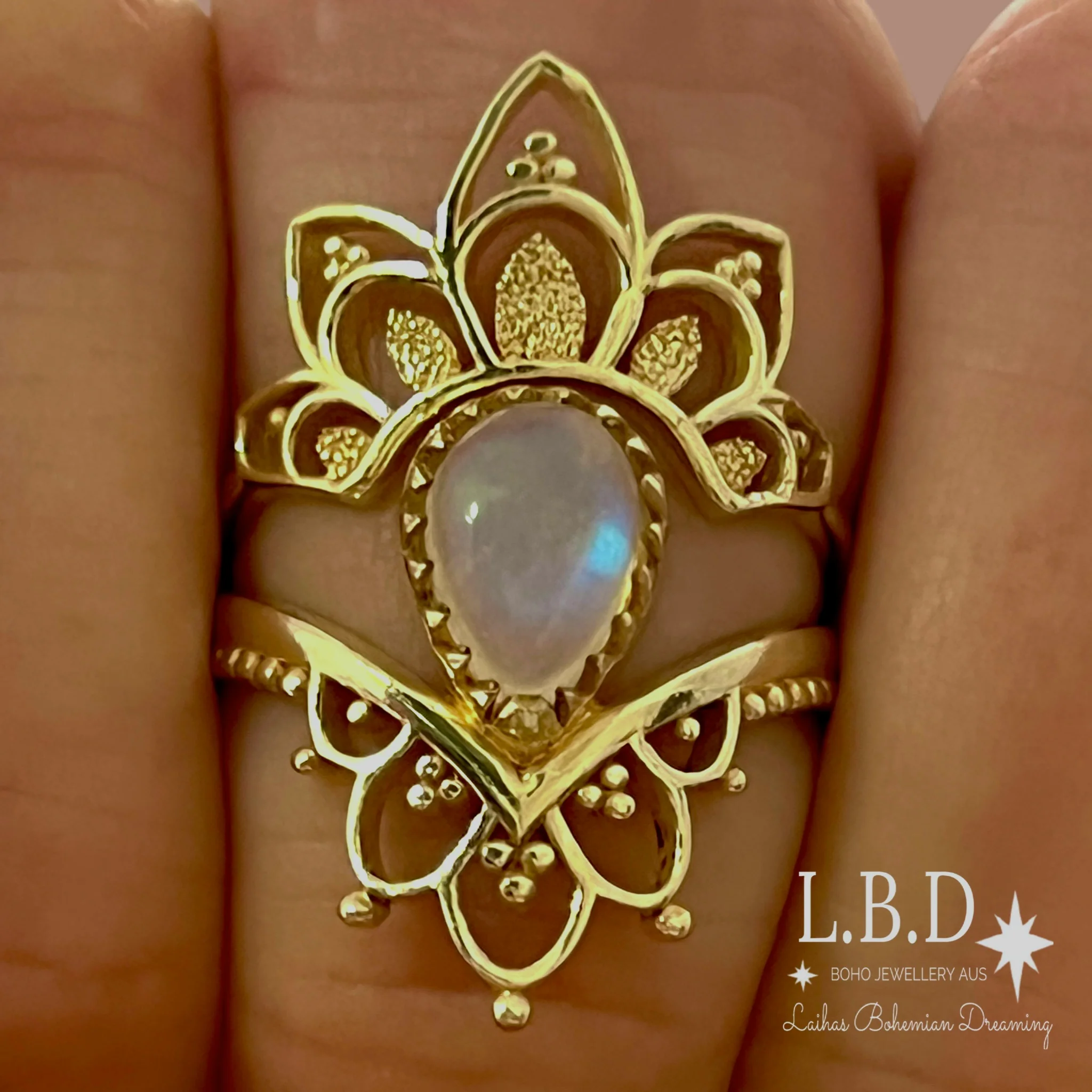 Gold Moonstone Ring Set- Gold Vermeil Daisly Boho Moonstone Ring