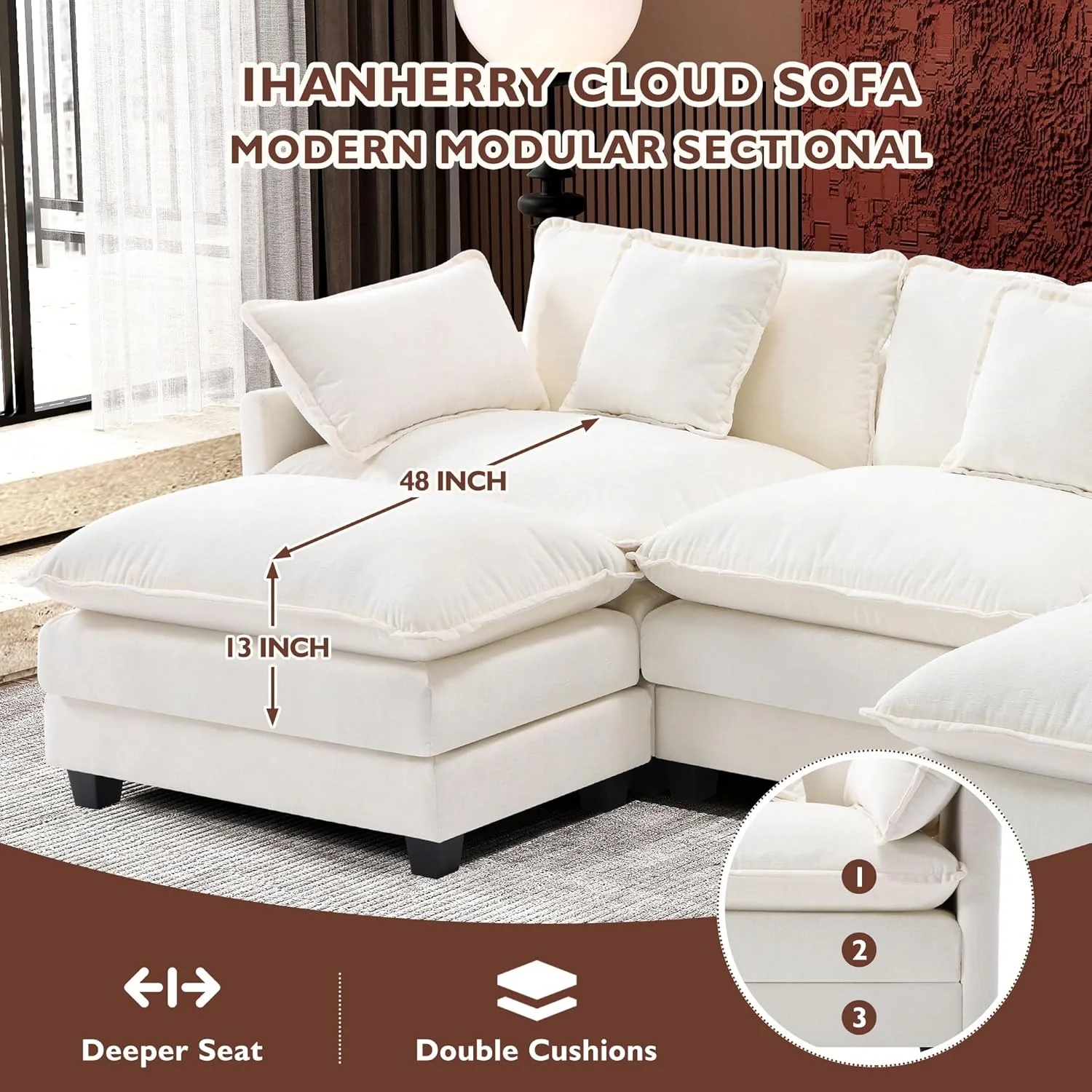 111.4 Inch L-Shaped Modern Sofa Modular Cloud Sofa Ottoman 4-Seater Chenille Deep Seat Sofa