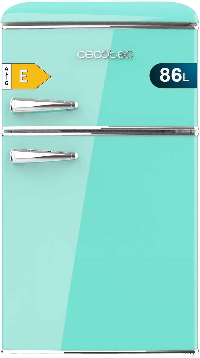 Cecotec Nevera Pequeña Frigorífico 2 Puertas Retro 86L Bolero CoolMarket 2D Origin 86 Green E. 89,3cm de Alto y 48,7cm de Ancho, Clase Energética E, Icebox, Luz Interior y Tirador Cromado, Verde