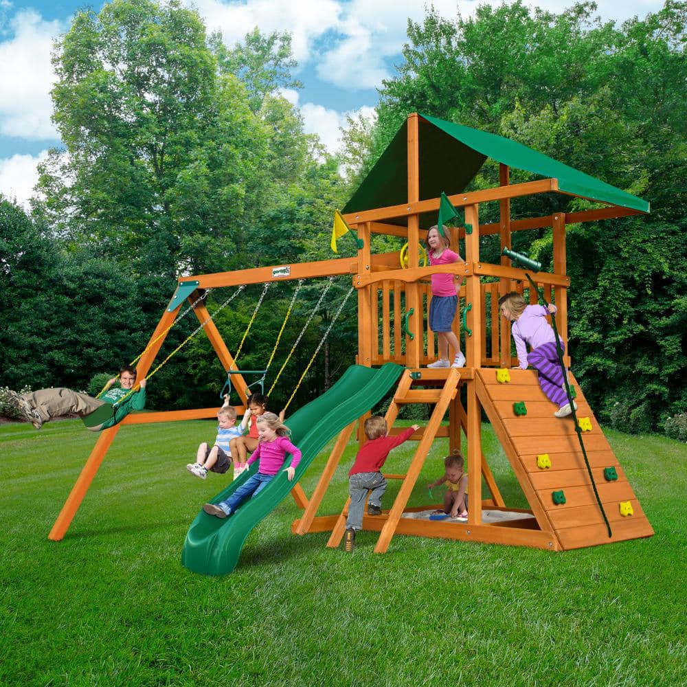 DIY Outing III Wooden Outdoor Playset with Tarp Roof, Rock Wall, Wave Slide, Swings, and Backyard Swing Set Accessories