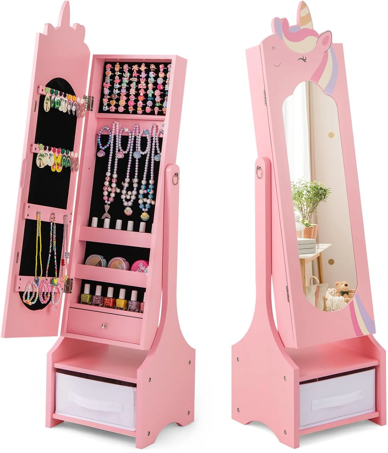 Armadietto Portagioie per Bambini 31,5 x 30 x 115cm, Specchio a Figura Intera a Forma di Unicorno con Ganci, Ripiani e Cassetti, Specchiera da Toeletta per Cameretta, Bianco (Rosa)