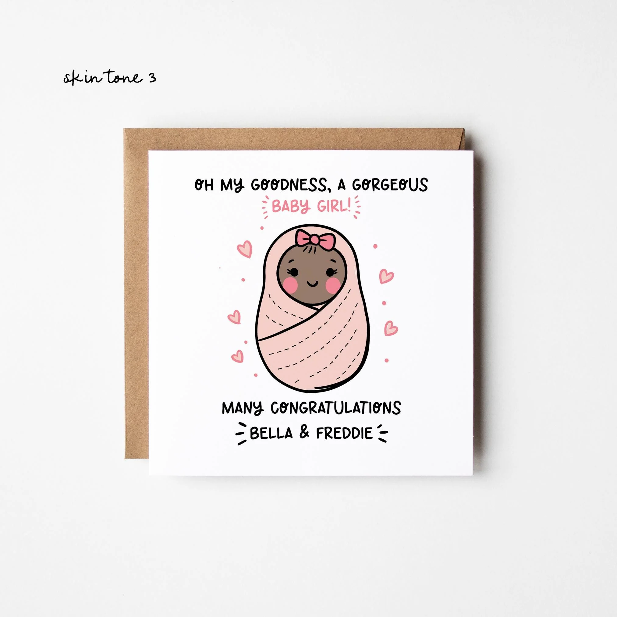 New Baby Girl Card 3 Skin Tones ? Personalised New Baby Card ? Congratulations New Baby Girl Card ? Girl's Birth ? Baby Reveal