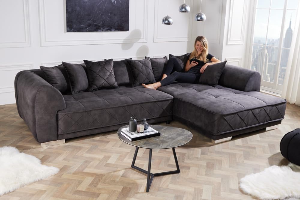 Riess Ambiente Modernes XXL Ecksofa DECADENCIA - 320cm - dunkelgrau Samt - Bigsofa inkl. Kissen
