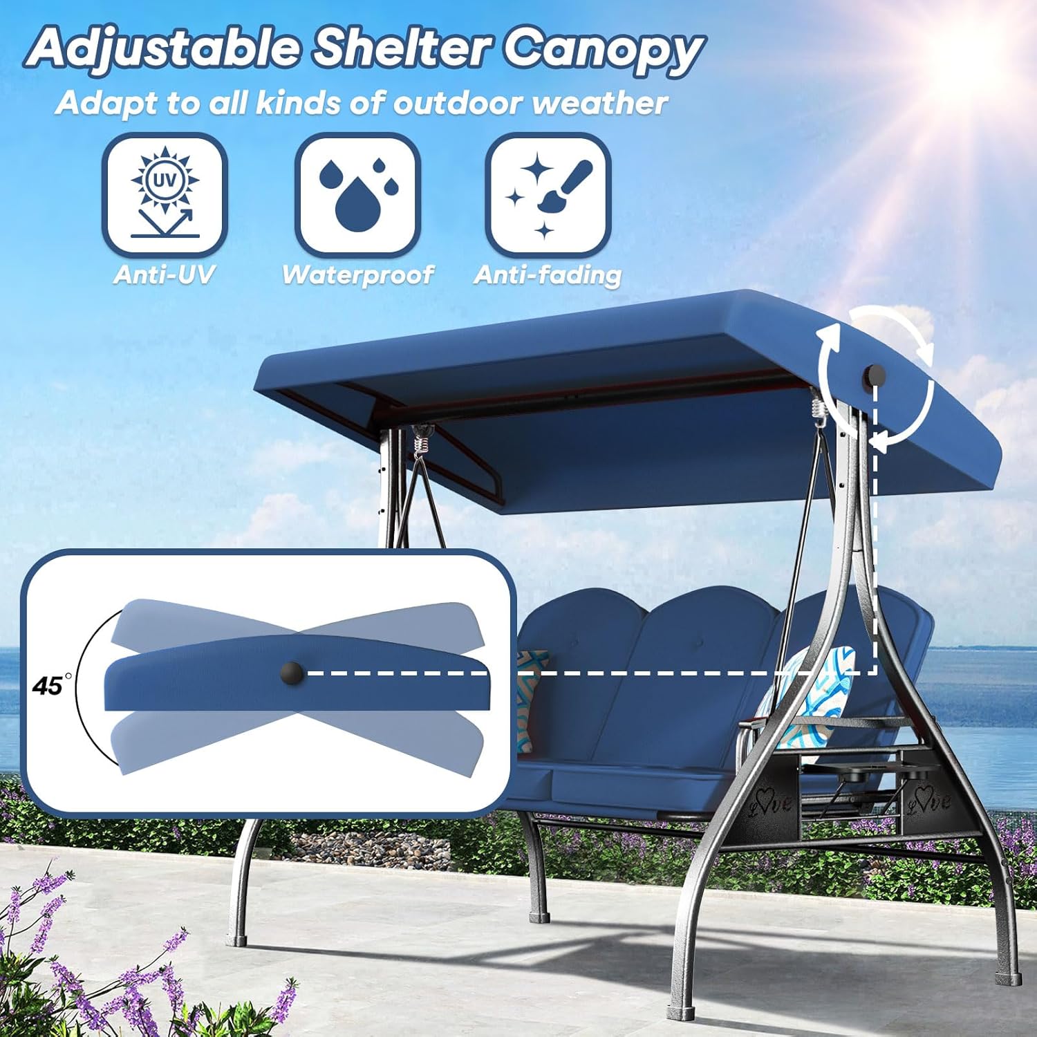 3 Seat Outdoor Porch Patio Swing with Stand 800lbs 2-in-1 Convertible Swing Bed with Adjustable Canopy & Removable Cushion for Yard Garden Deck (Blue  Square Tube)