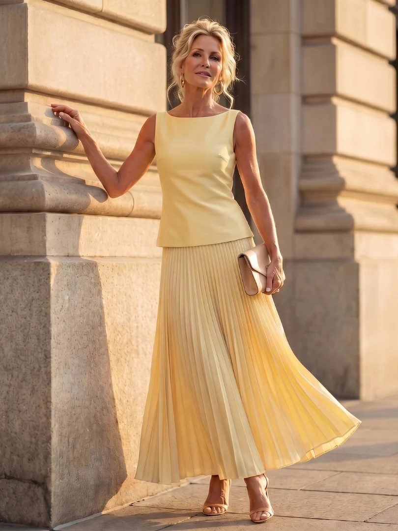 Women��s Two-Piece Set Structured Bodice with Pleated Full-Length Skirt