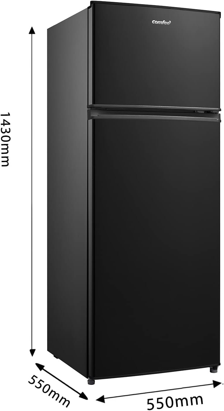 Comfee RCT284DK2 Kühl-/Gefrierkombination/Gefrierteil oben / 176 kWh/Jahr / 143cm Höhe/LED Licht/Reversibles Türscharnier/Sicherheitsglas, Schwarz