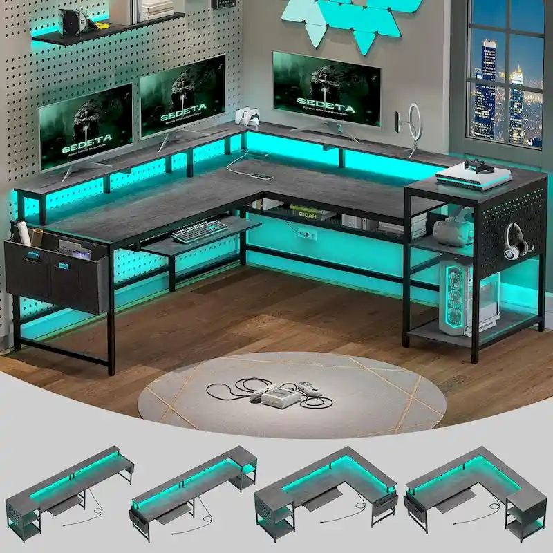 L Shaped Computer Desk Gaming Desk Keyboard Tray Power Outlets & LED