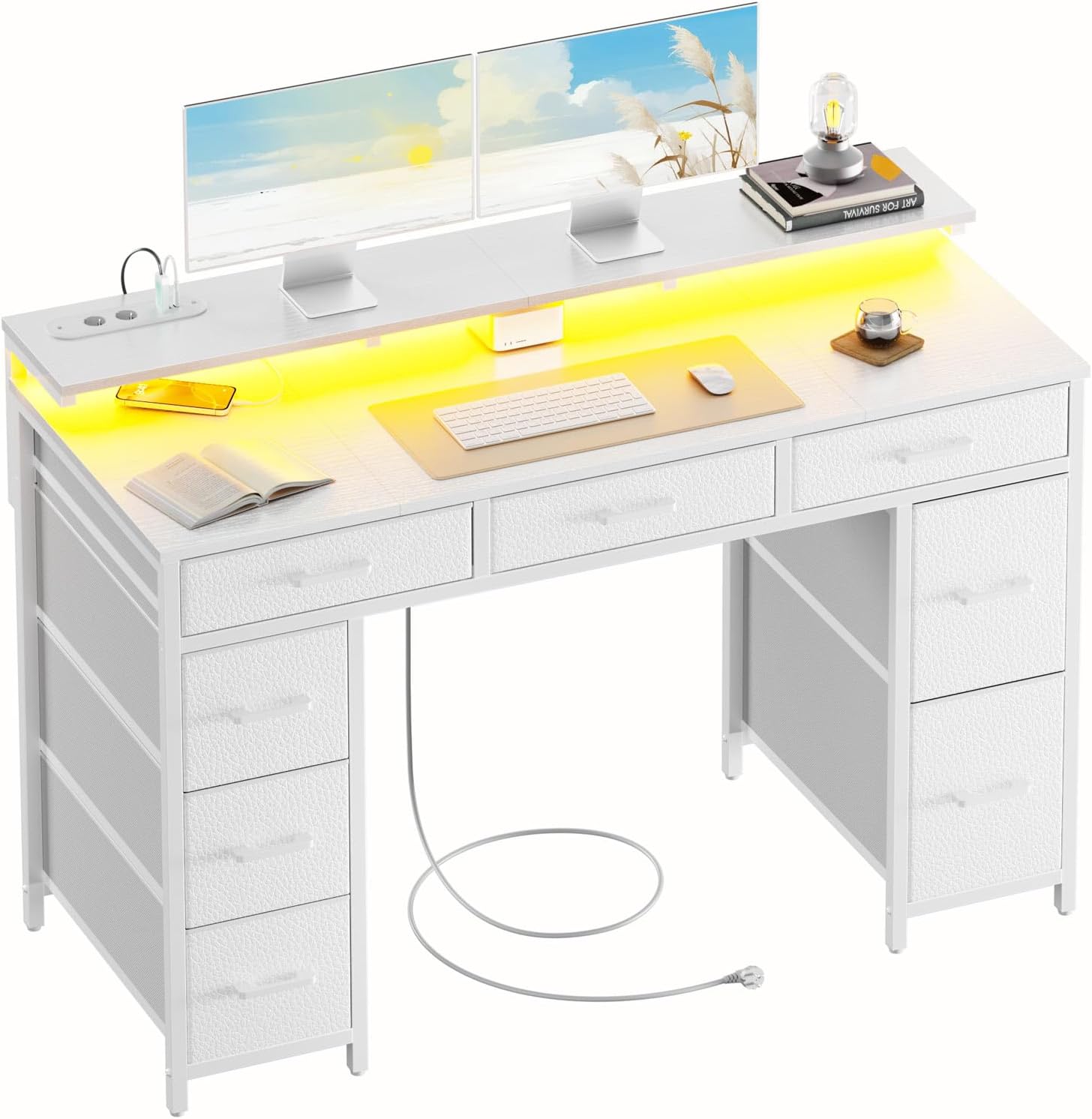 Schreibtisch mit 8 Schubladen, Computertisch mit 2 Steckdosen und 2 USB Ladeanschluss, Bürotisch mit LED und Monitorständer, PC Tisch für Büro, Wohnzimmer, 120 x 50 x 74 cm, Weiß