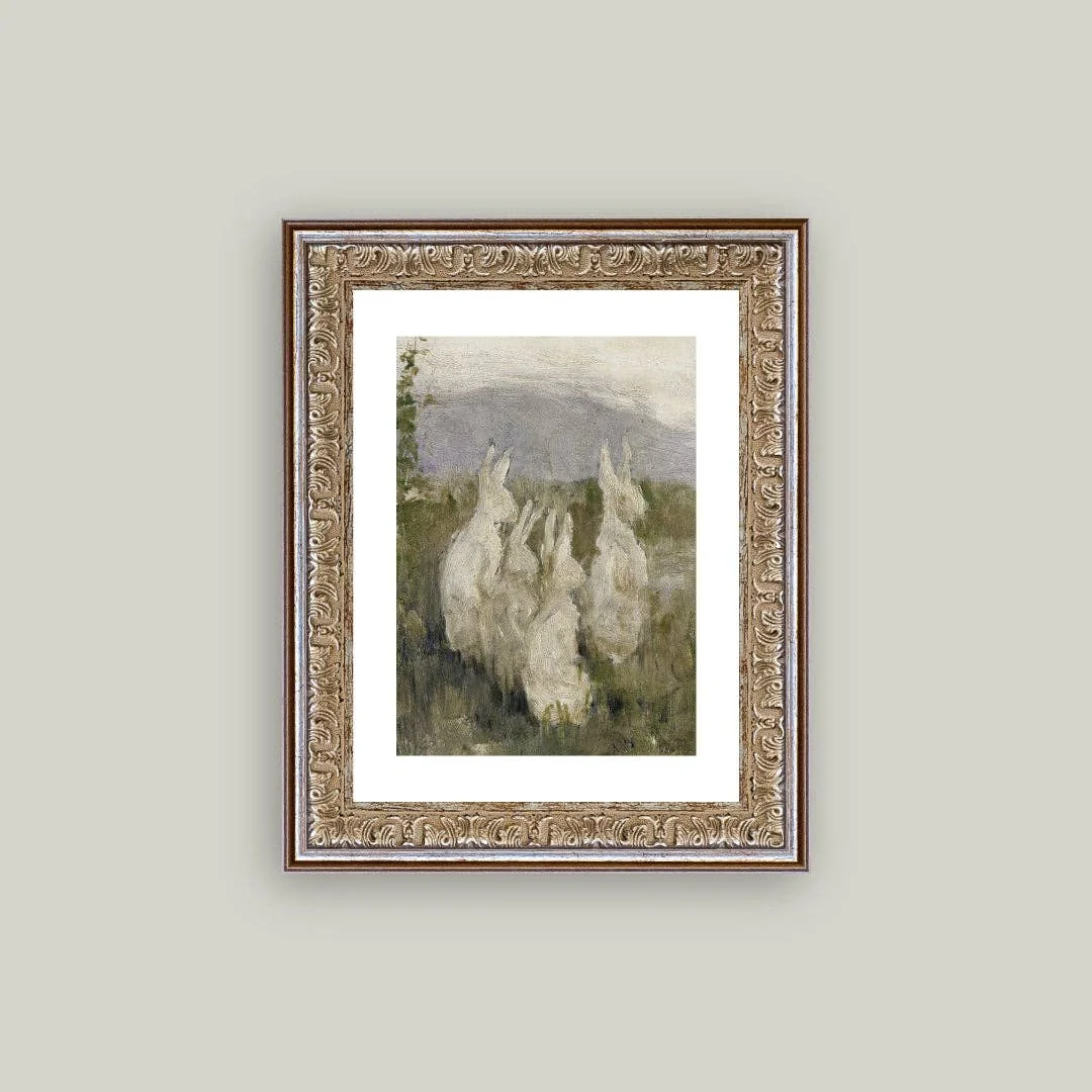 Bunnies in a Field Framed Antique Inspired Art