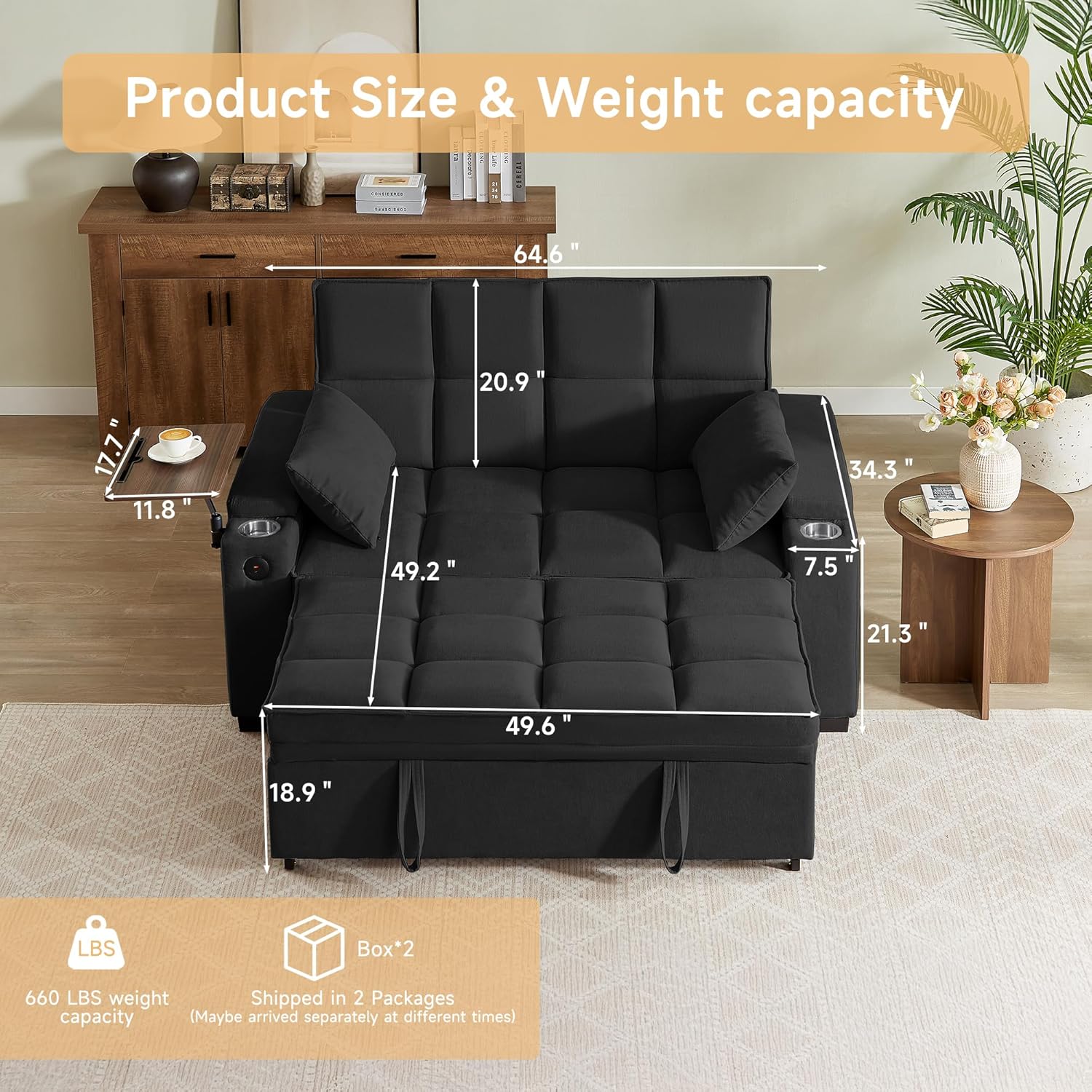 ​66" Multi-Functional Pull-Out Sofa Bed with Hidden Side Table, Storage Armrests, Built-in Charging Port, Spring Mattress, Solid Wood Frame – Ideal for Small Spaces, Easy Assembly