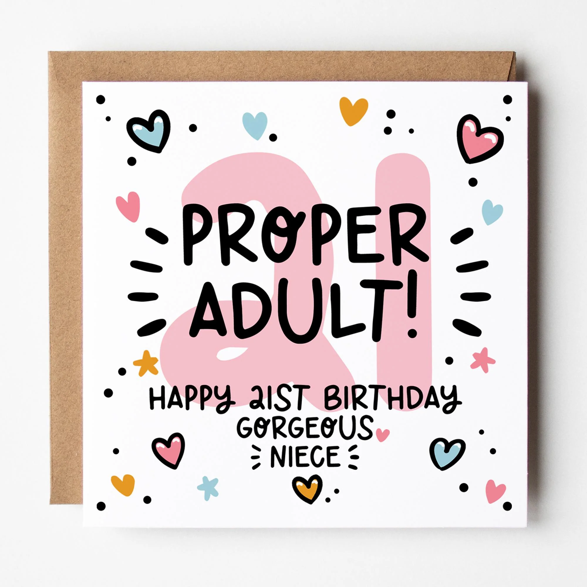 21st Birthday Card for Niece: Pink 21, Proper Adult with Hearts and Kraft Envelope