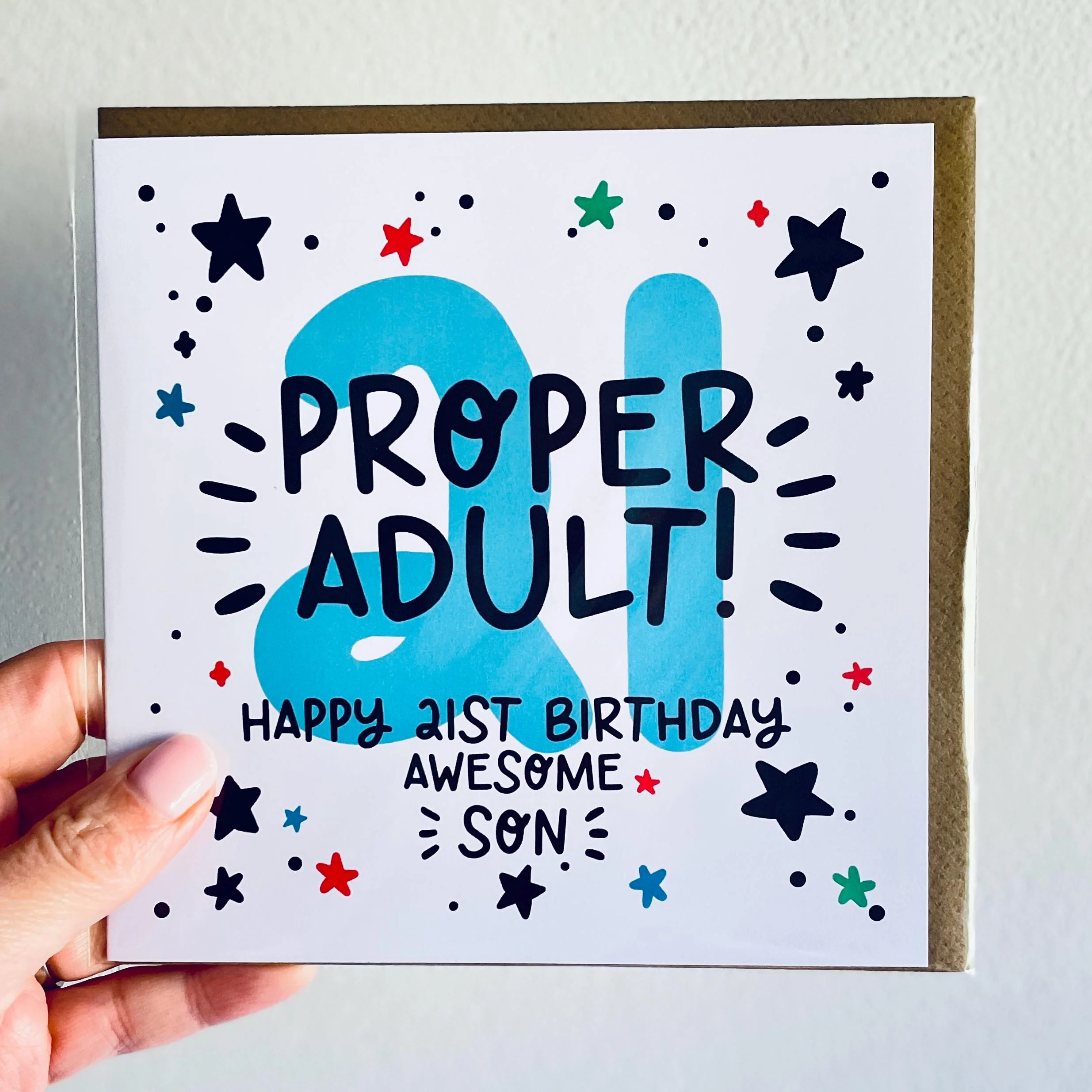 Son 21st Birthday Card: Blue 21, with Kraft Envelope.