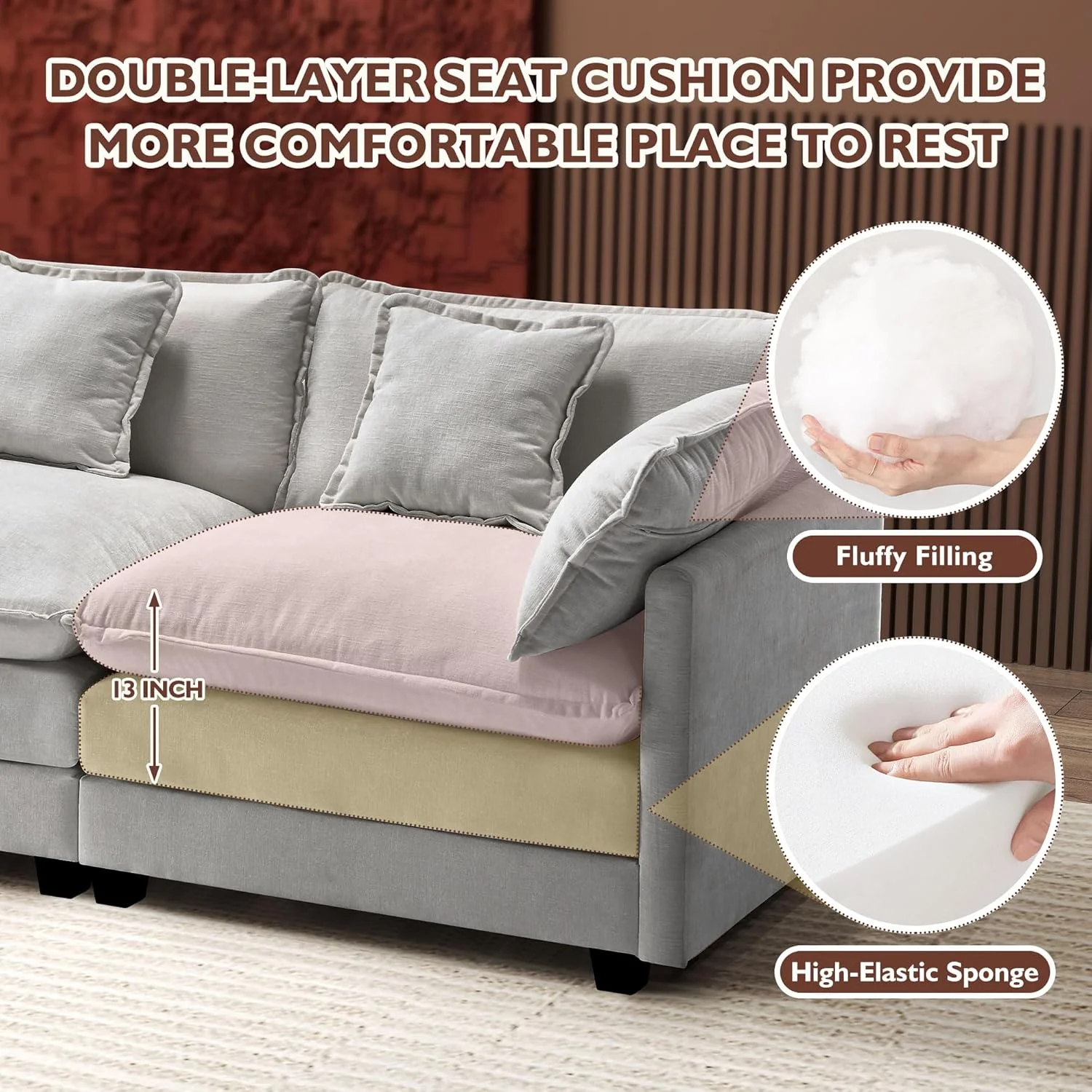 111.4 Inch L-Shaped Modern Sofa Modular Cloud Sofa Ottoman 4-Seater Chenille Deep Seat Sofa