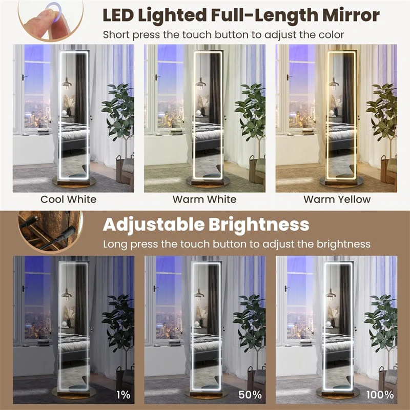 Eletriclife 360�� Swivel Jewelry Cabinet Armoire with Full Length Mirror & 3-Color LED Lights