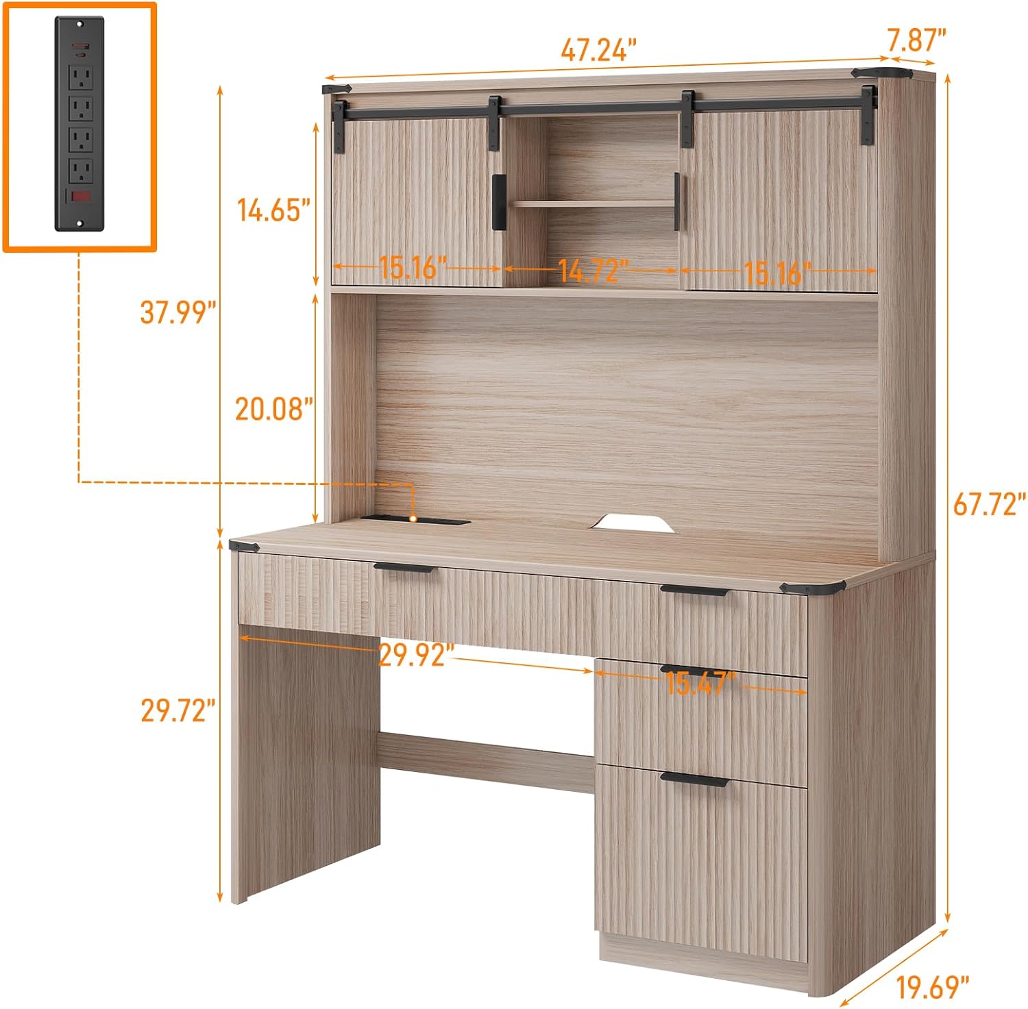 Farmhouse 67" H Executive Desk with Fluted Drawers,4 Drawers Fluted Computer Desk with LED Light,Charging Hub,Wood Workstation with Hutch and Sliding Barn Doors for Work and Study