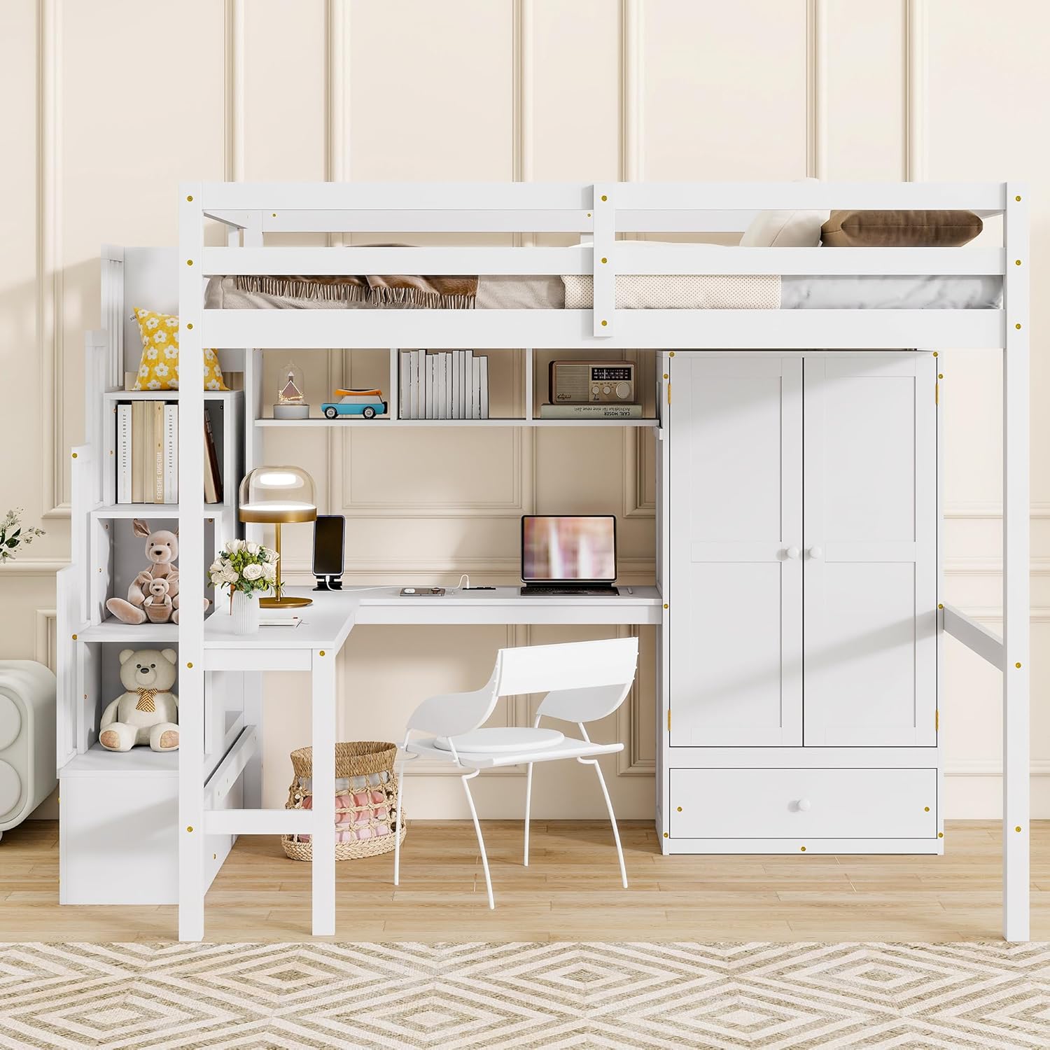 KEIKI Full Size Wood Loft Bed Frame with Desk & Wardrobe & Storage Built-in Staircase & Drawer, Modern Loft Bed with Guardrails & Solid Slats, No Box Spring Required, Easy Assembly, for Bedroom, White