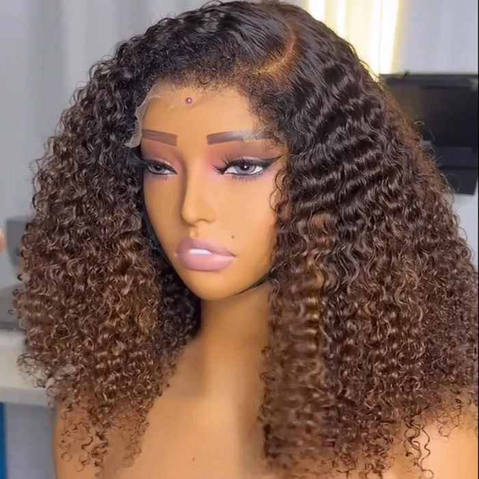 4c Edges Ombre Brown Curly Human Hair Lace Wig Natural Kinky Curly Edges Undetectable HD Lace Front Wig