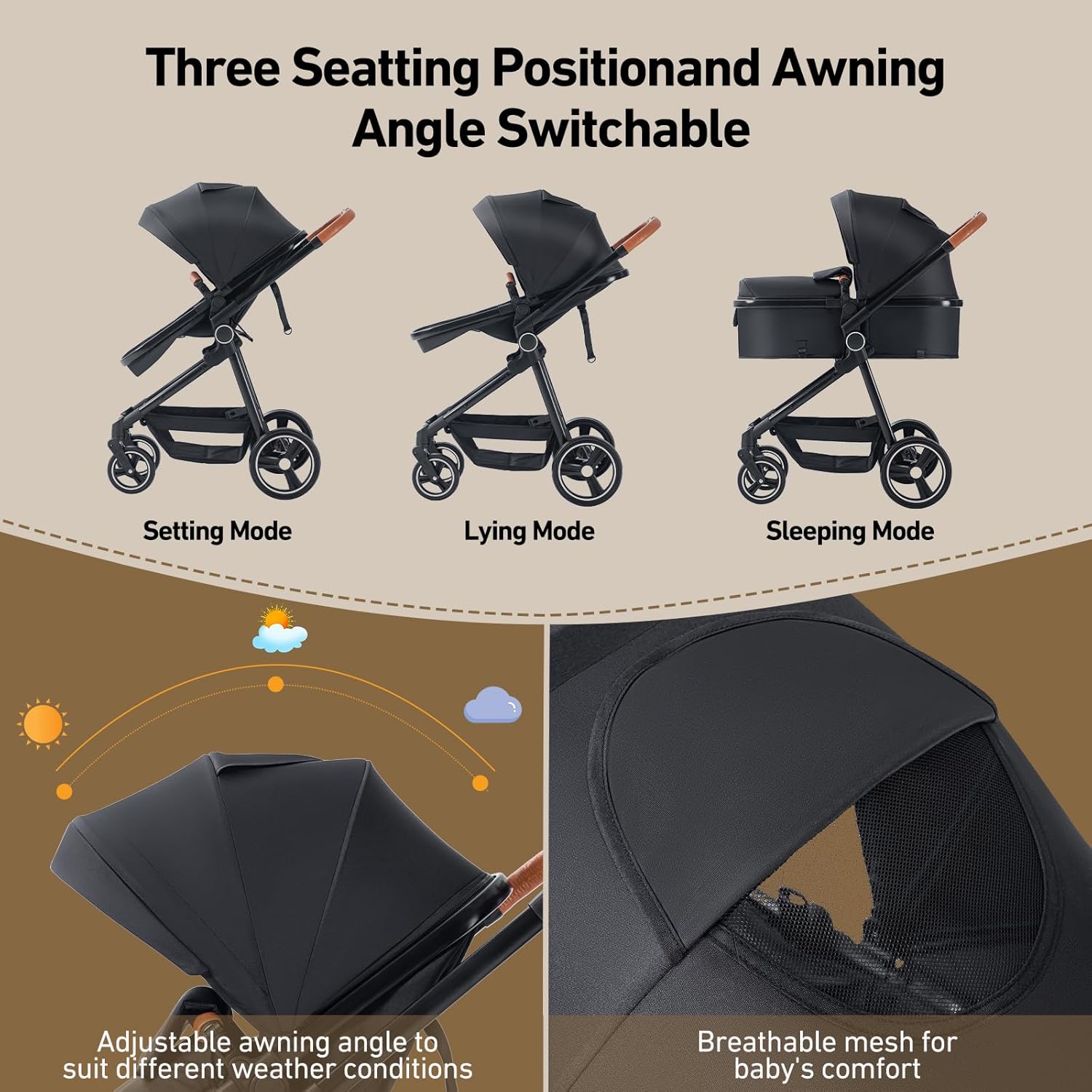 Passeggino 3 in 1 Zkiprm, portatile con seggiolino auto, 3 modalità convertibili, telaio in alluminio di alta qualità, alta visibilità, passeggino leggero, grigio