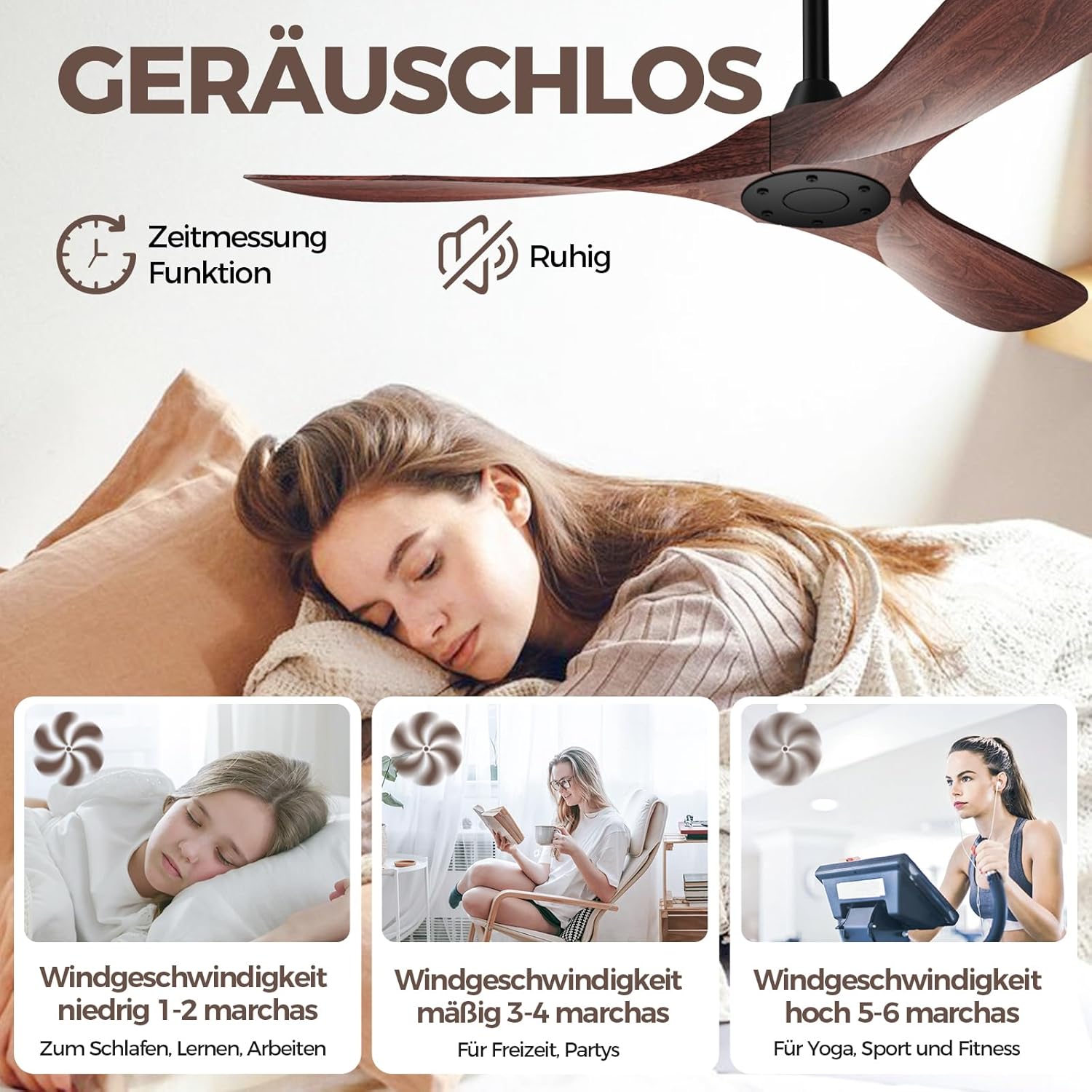 Biukis 152 cm Deckenventilator mit Fernbedienung, 6 Geschwindigkeitsstufen, reversibler DC-Motor für ganzjährige Nutzung, geeignet für Außenbereich, Garten, Wohnzimmer, Schlafzimmer – Walnuss