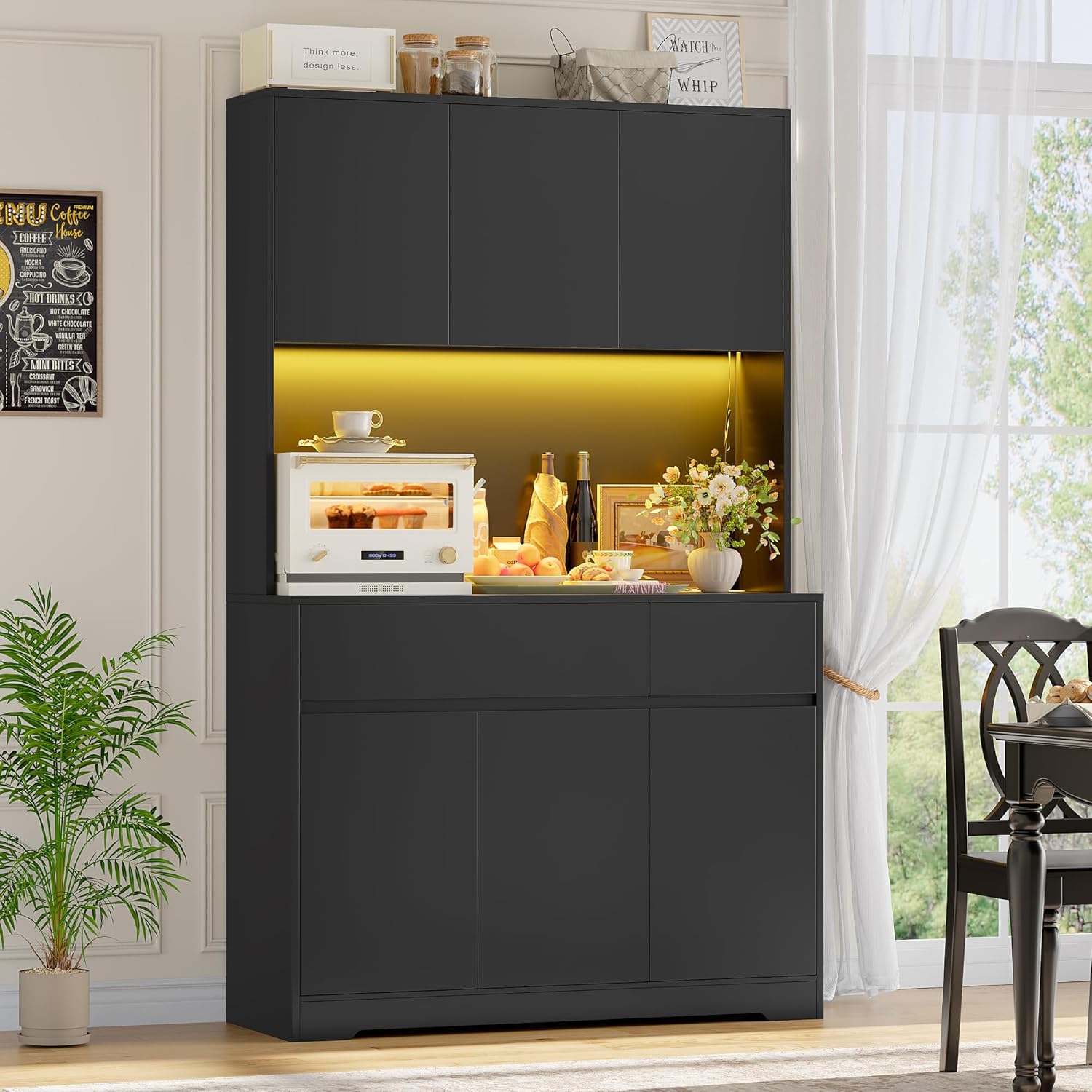 FirFurd Küchenschrank Buffetschrank mit LED und Steckdose Küchenschrank mit Arbeitsplatte Sideboard für Küche Wohnzimmer Esszimmer Küchenbuffet 180x100x38,5cm schwarz
