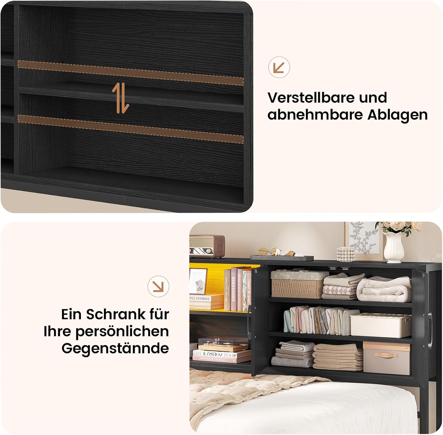 Polsterbett Schlafsofa 90x190 mit LED-Beleuchtung, Ladestation, Tagesbett, Jugendbett mit 2 Schubladen und Lattenrost aus Metall, Kopfteil mit Stauraum, Offene Regale, Schrank, Schwarz