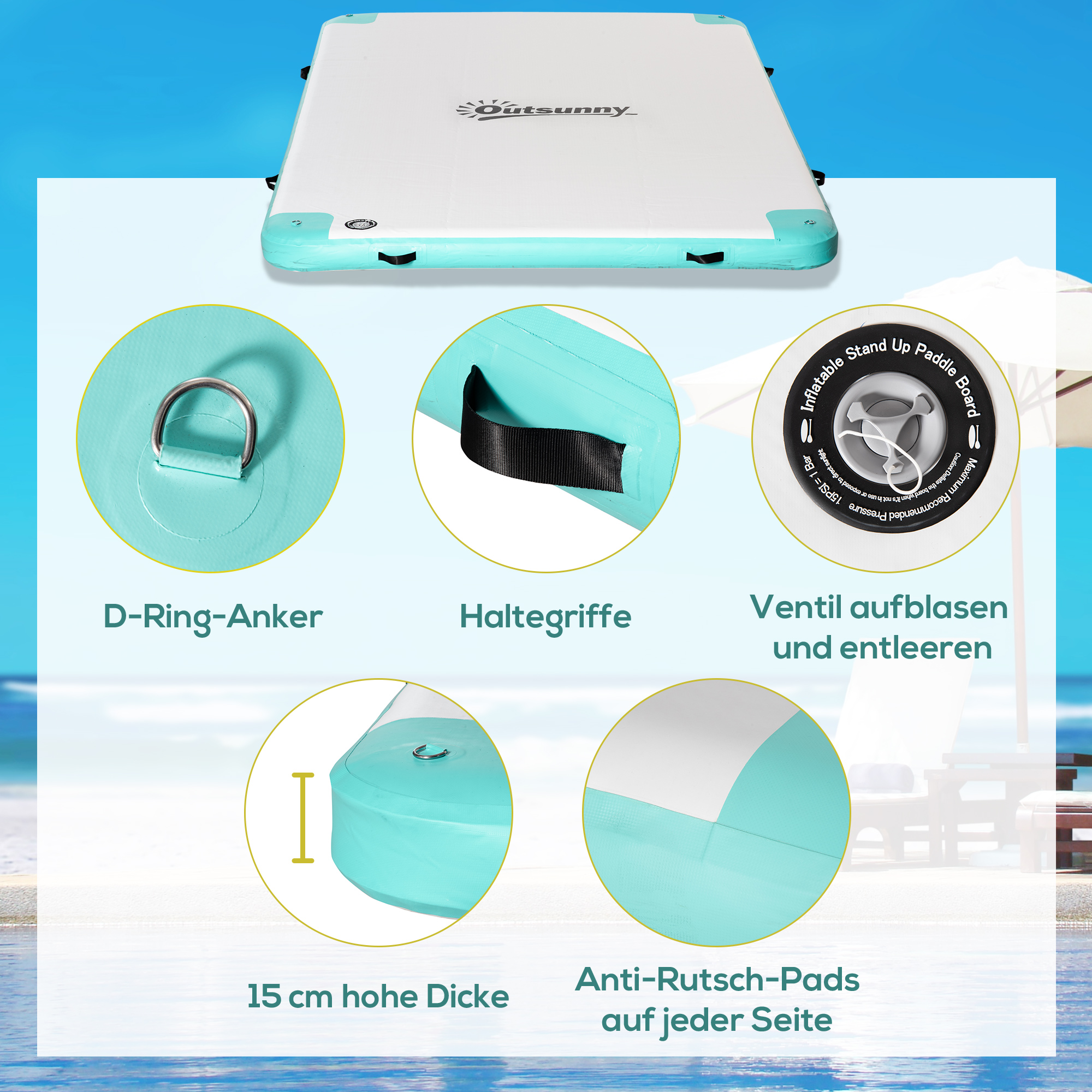 Outsunny groot opblaasbaar zwemeiland, draagvermogen tot 500 kg, wit+blauw+groen, 3 x 2 x 1,5 m