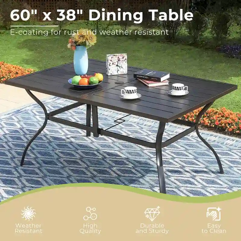7/8-Piece Patio Dining Set including 60x38 Slatted Metal Table with 1.56 Umbrella Hole and 6 Spring Motion Chairs