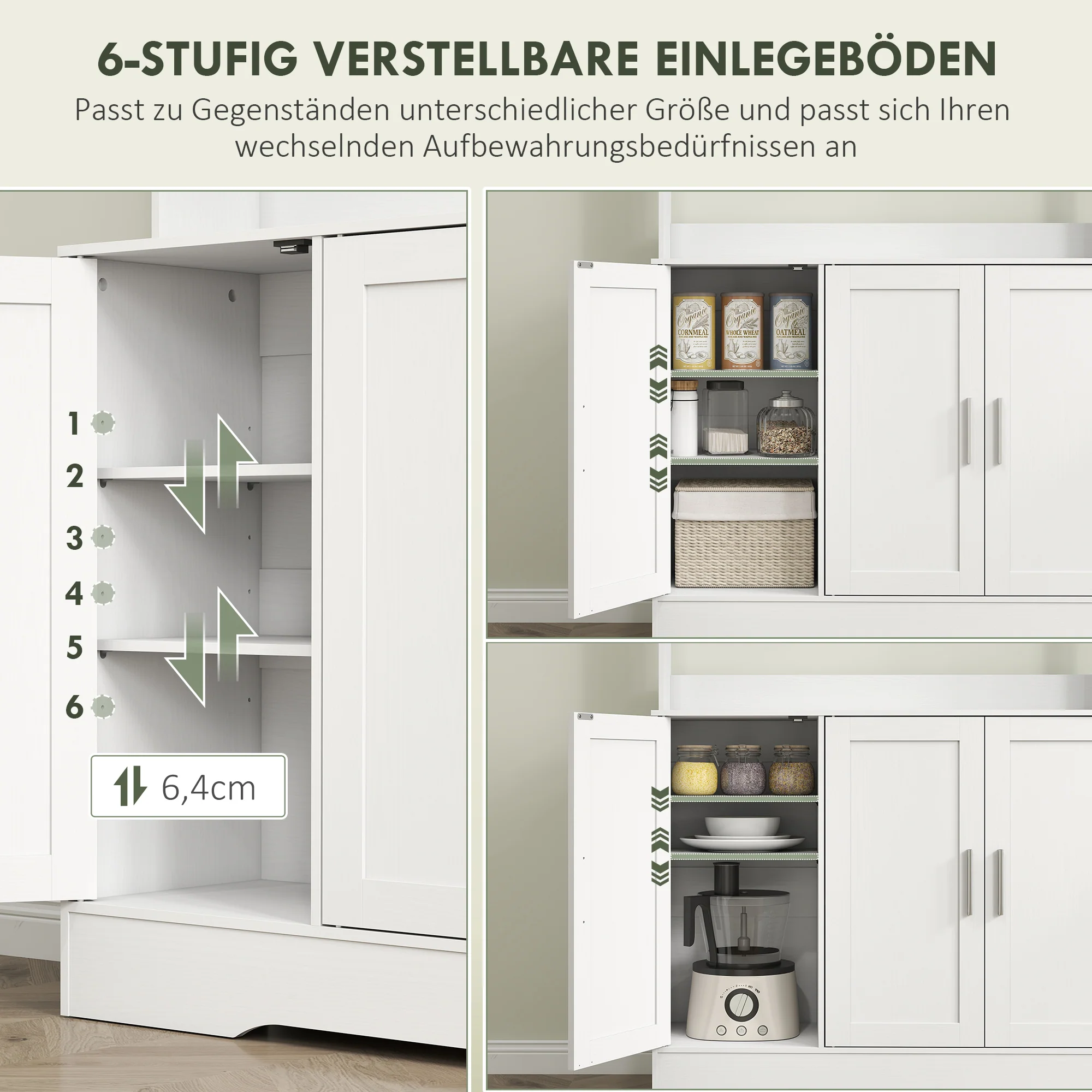 HOMCOM Keukenkast, Scandinavisch Design, 4 Kasten, Verstelbare Planken, Glazen Deuren, Open Vak, Spaanplaat, MDF, Wit