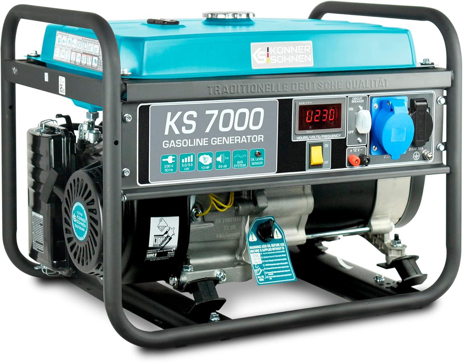 Generatore a benzina KS 7000 potenza massima 5500 W, con avviamento manuale/elettrico, 12 V, indicatore livello olio, protezione da sovraccarico e cortocircuito, lavorazione rame