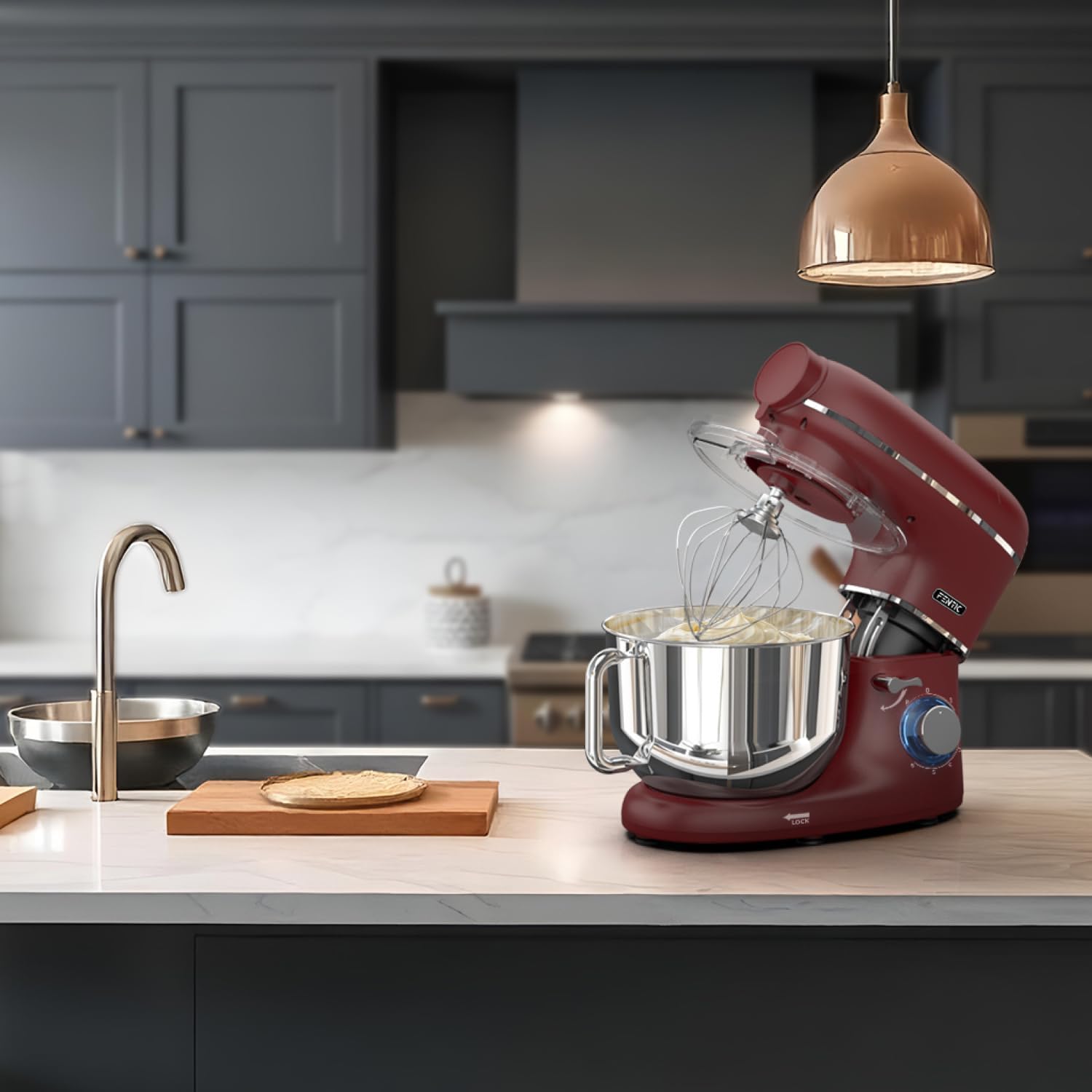 6-in-1 Küchenmaschine – 2000W – Mit Fleischwolf, 1,5L Entsafter, Gemüseschneider und Mehr – Knetmaschine mit 6,2L Rührschüssel, Rührhaken, Knethaken, Schlagbesen und Spritzschutz (Rot)