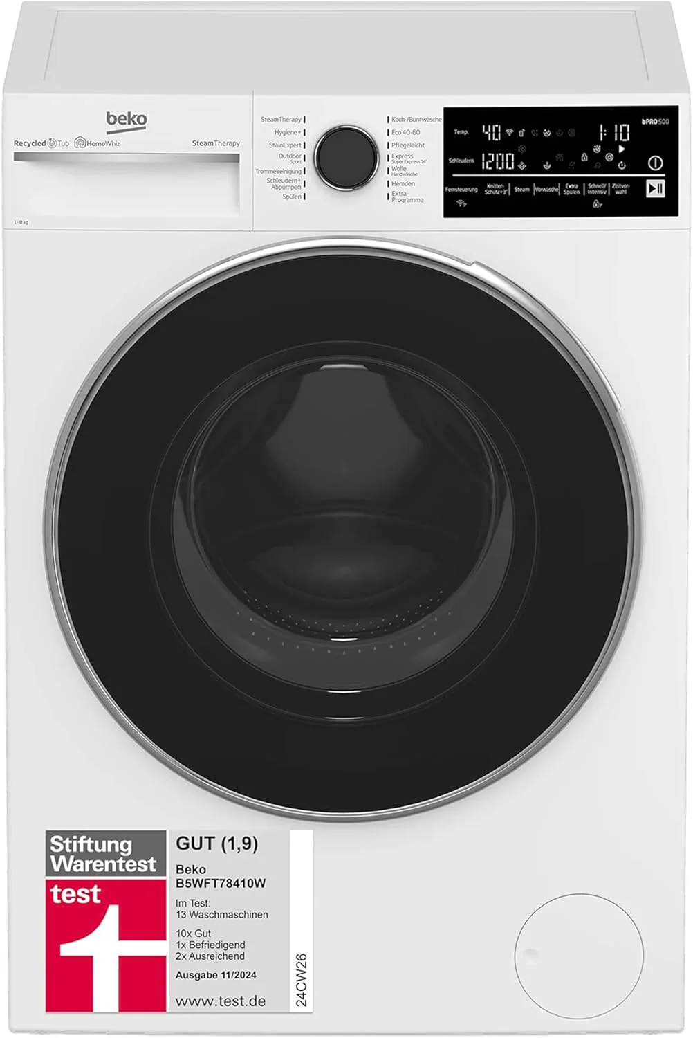 Beko mosógép 8 kg, Stiftung Warentest JÓ (1,9)*, 1400 ford./perc, SteamCure gőzfunkció, AquaWave kímélő dob, StainExpert program, B5WFT78410W, fehér