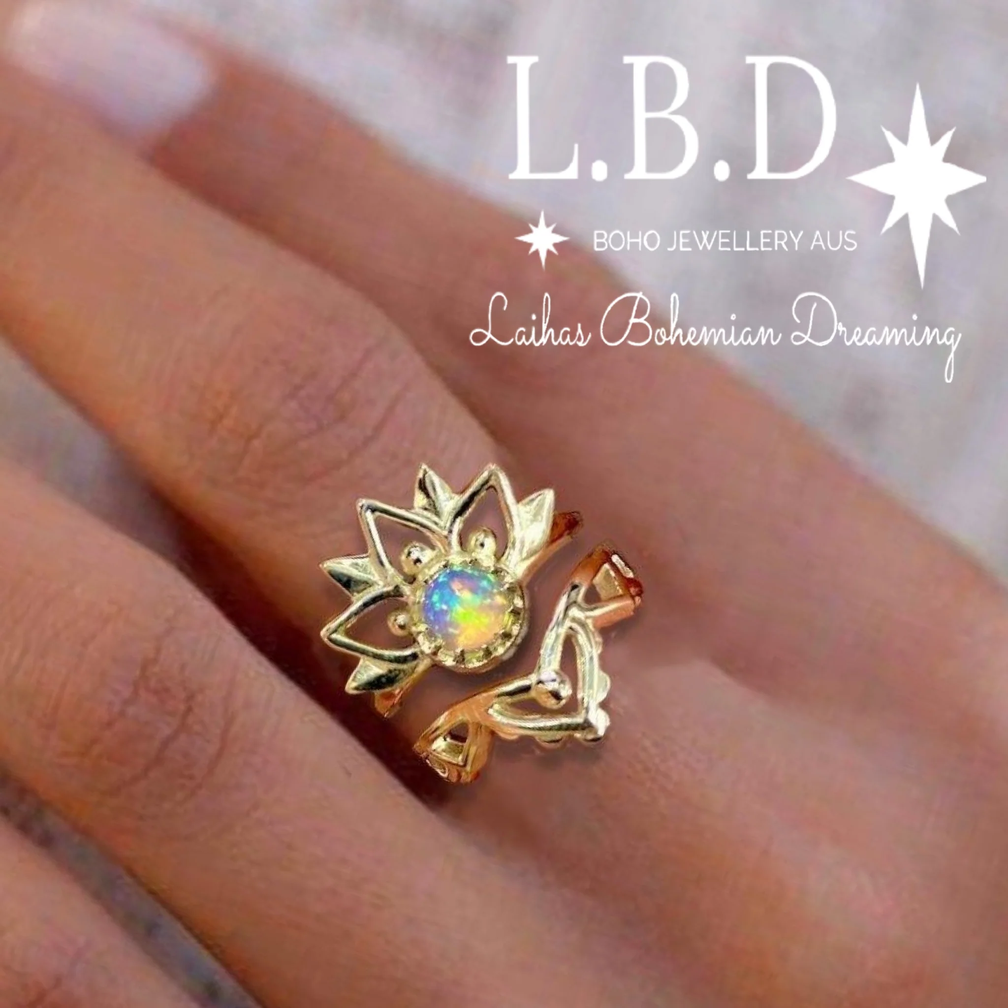 Gold Opal Ring - Inflorescence Gold Boho Ring Set