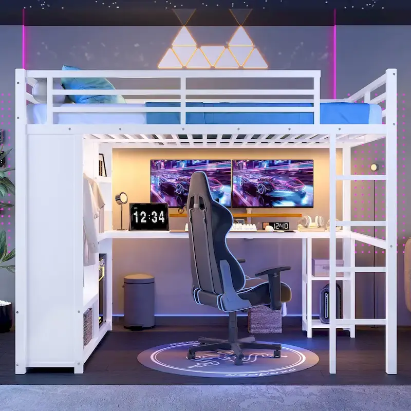 Queen Loft Bed - Built-in Wardrobe & Desk, Metal Frame with Shelves
