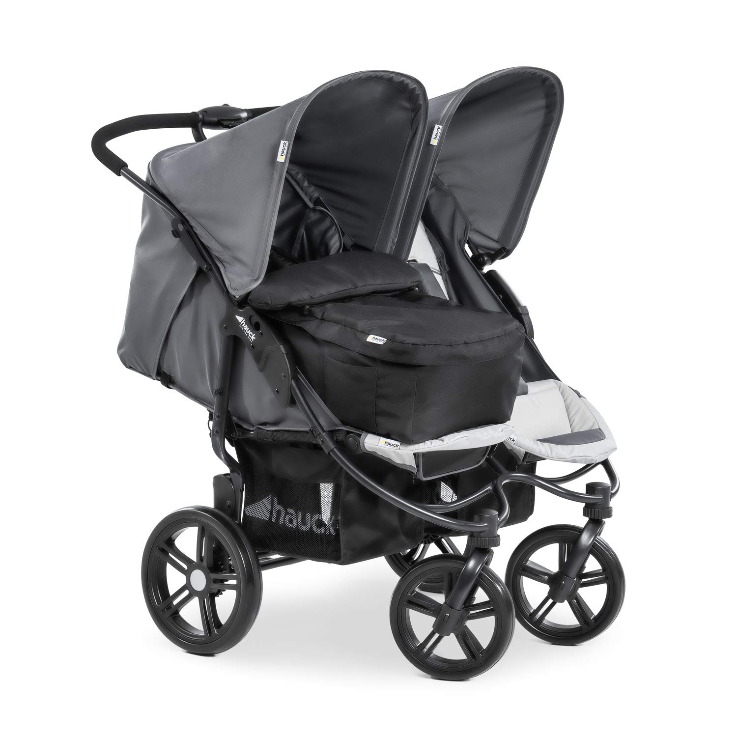 hauck Geschwisterwagen Roadster Duo SLX, Zwillingsbuggy ab Geburt bis 15 kg (ca. 3 Jahren) mit Liegefunktion, XL Korb, Einfach und Klein Zusammenklappbar, Große Räder (Grey/Silver)