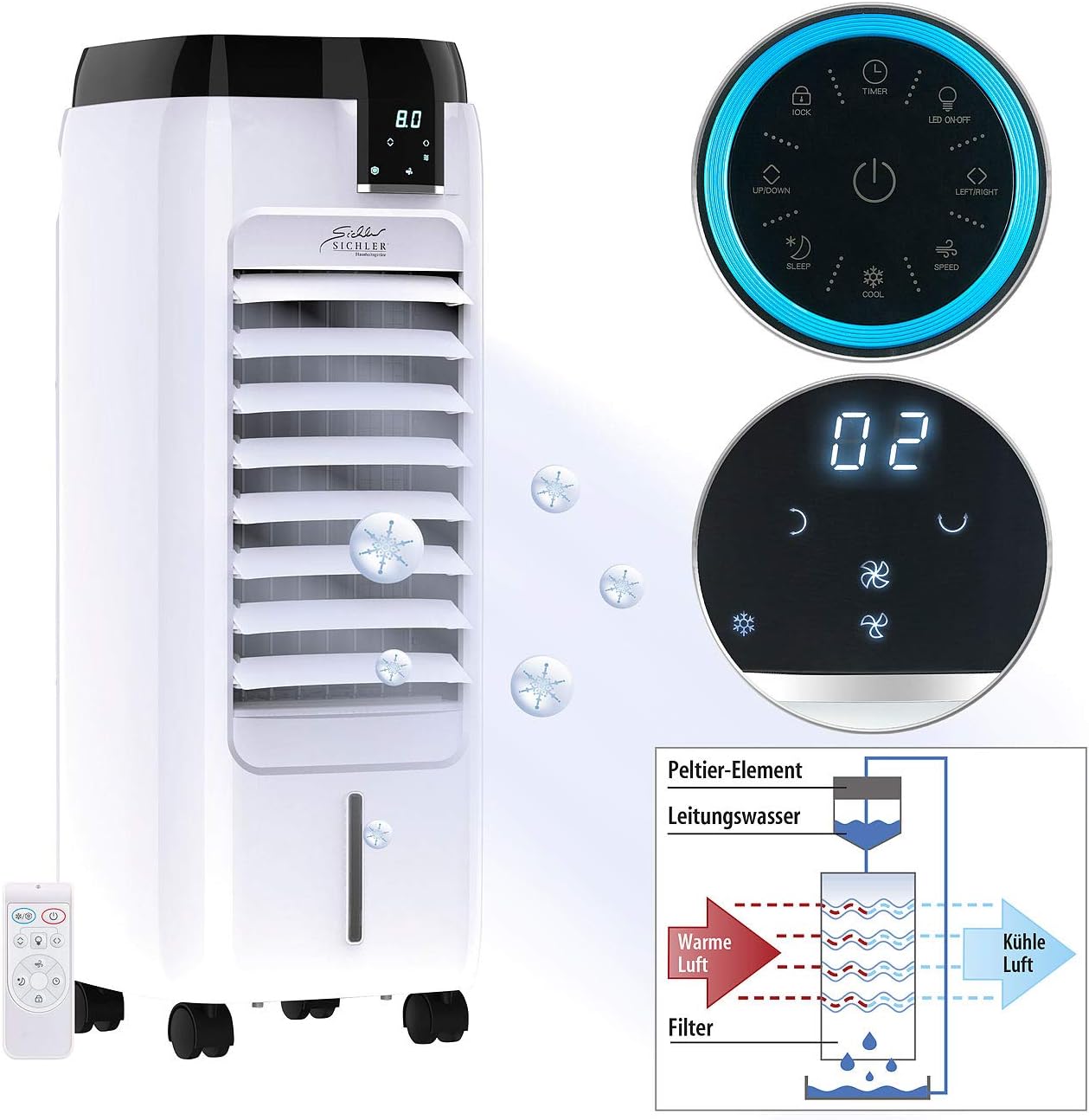 Sichler Haushaltsgeräte Peltier Klimaanlage: Verdunstungs-Luftkühler mit Oszillation & Peltier-Element, 6 l, 120 W (Klimaanlage mit Element, Mobile Klimageräte, Kühl)