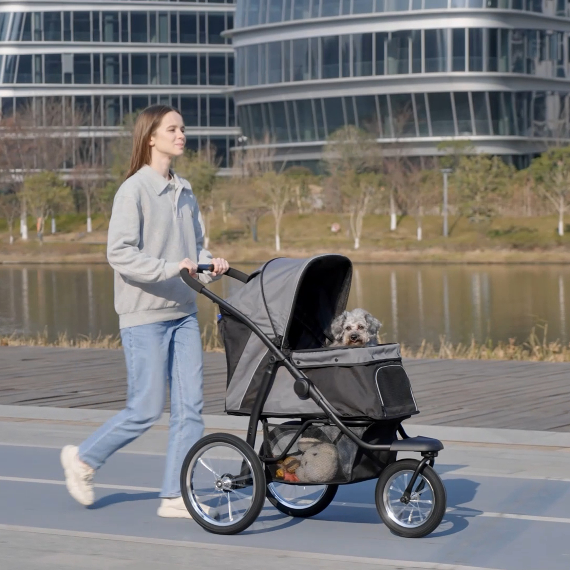 PawHut Hondenbuggy, inklapbaar, zonnescherm, gaasvenster, opbergmand, grijs, 111 x 58 x 107 cm