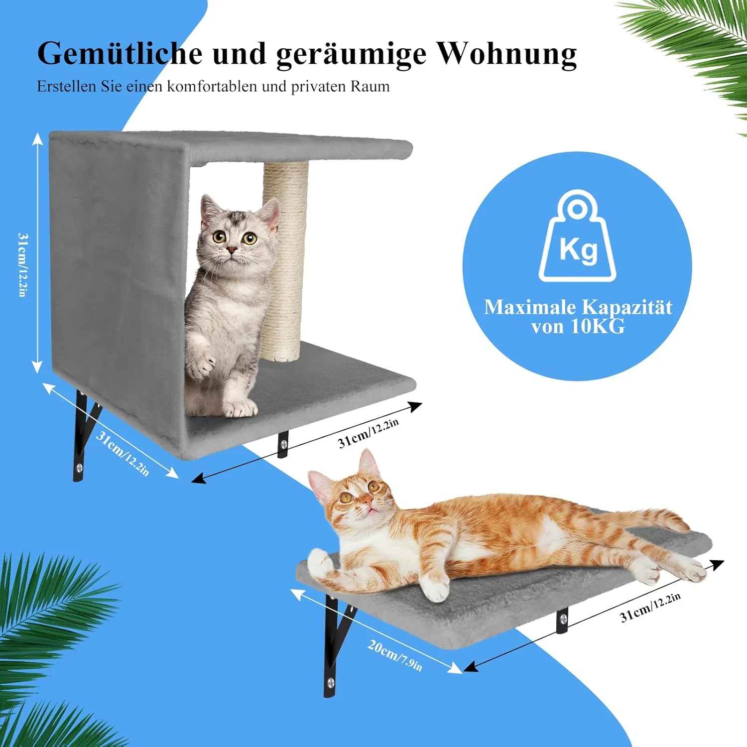 Zvonema Parete da arrampicata 10 pezzi-Amaca per gatti,Ponte sospeso con sisal antiscivolo,Tiragraffi con sisal,Riposo e mensola da parete da gioco con pallina,Parete da arrampicata per gatti fino a 10 kg