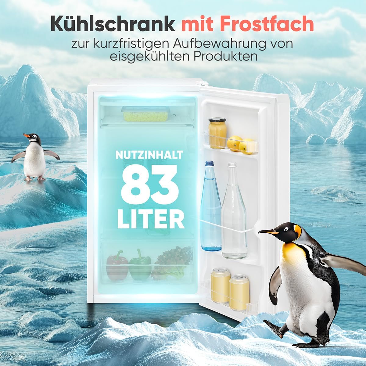 Bomann® Kühlschrank mit Frostfach | 83 Liter | energieeffizient, leise & kompakt | 0°C - 8°C, stufenlos regelbar | 2 Ablagen & Gemüsefach | LED Beleuchtung | Türanschlag wechselbar | KS 7257 weiß