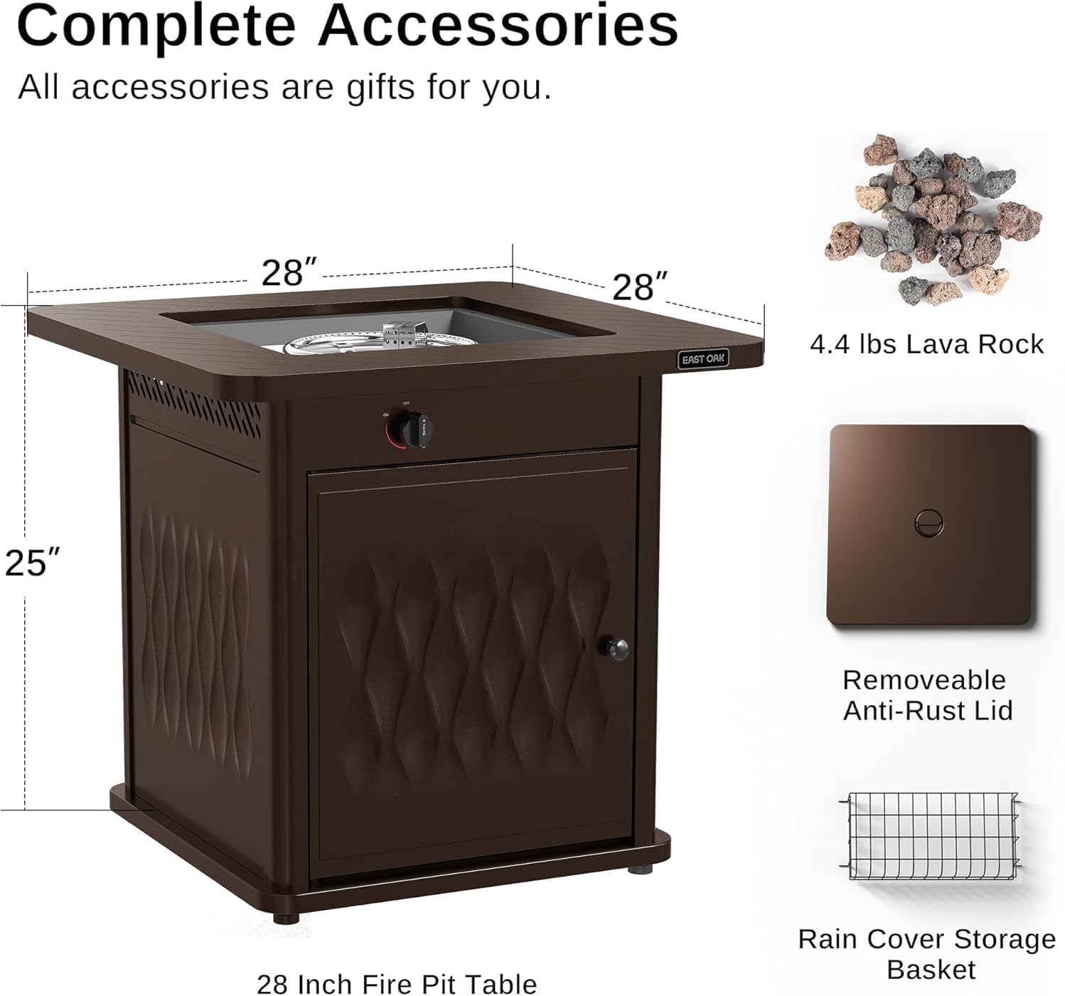 East Oak 28'' Propane Fire Pit Table, 50,000 BTU Steel Gas FirePit for Outdoor, Outside Patio Deck and Garden, CSA Certified Fire Table with Magnetic Lid, Cover-Storage Basket and Lava Rock, Brown